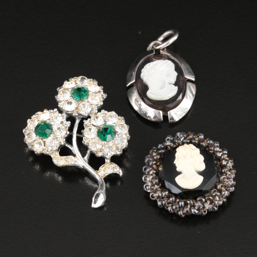 Mother-of-Pearl and Rhinestone Cameo Pendants and Flower Brooch