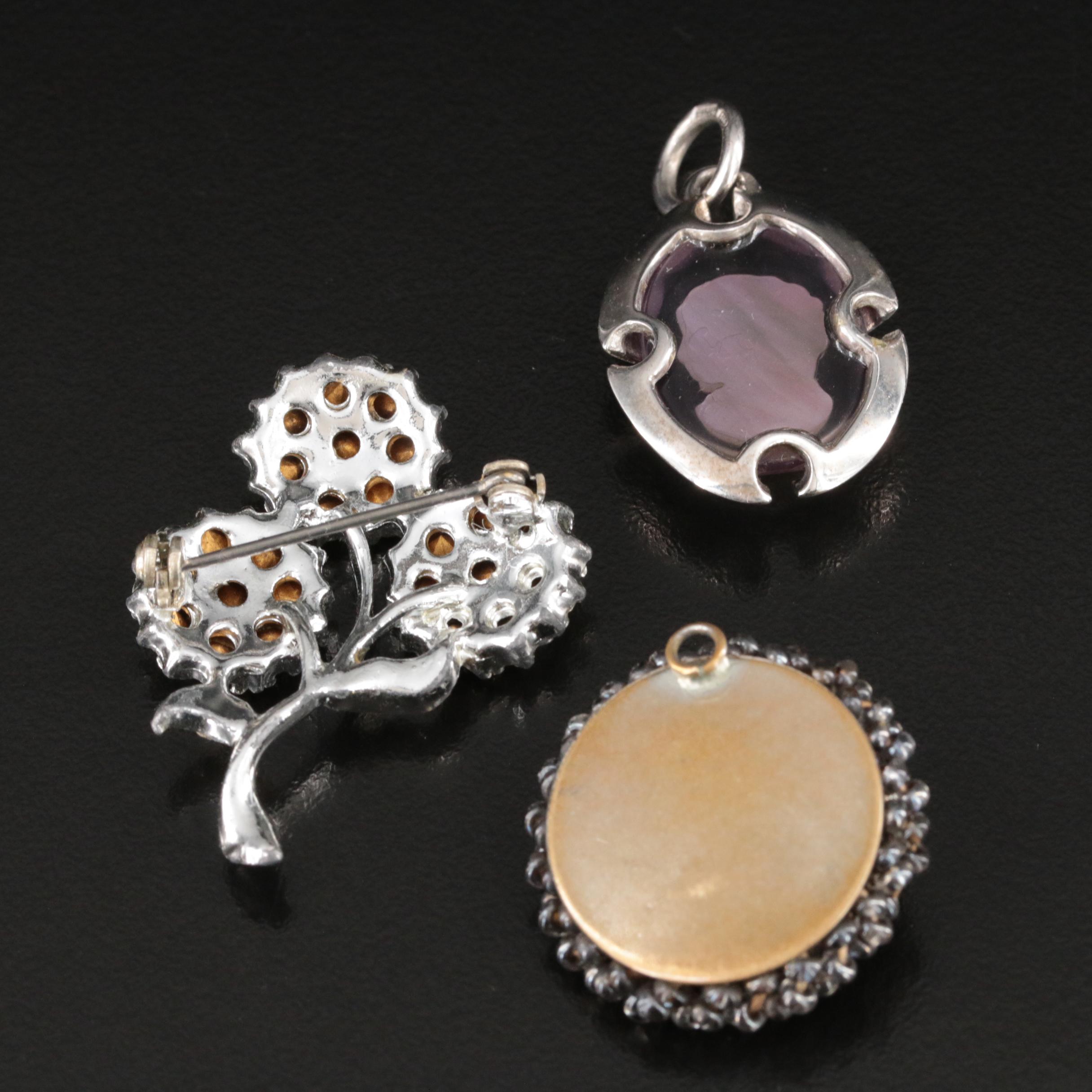 Mother-of-Pearl and Rhinestone Cameo Pendants and Flower Brooch