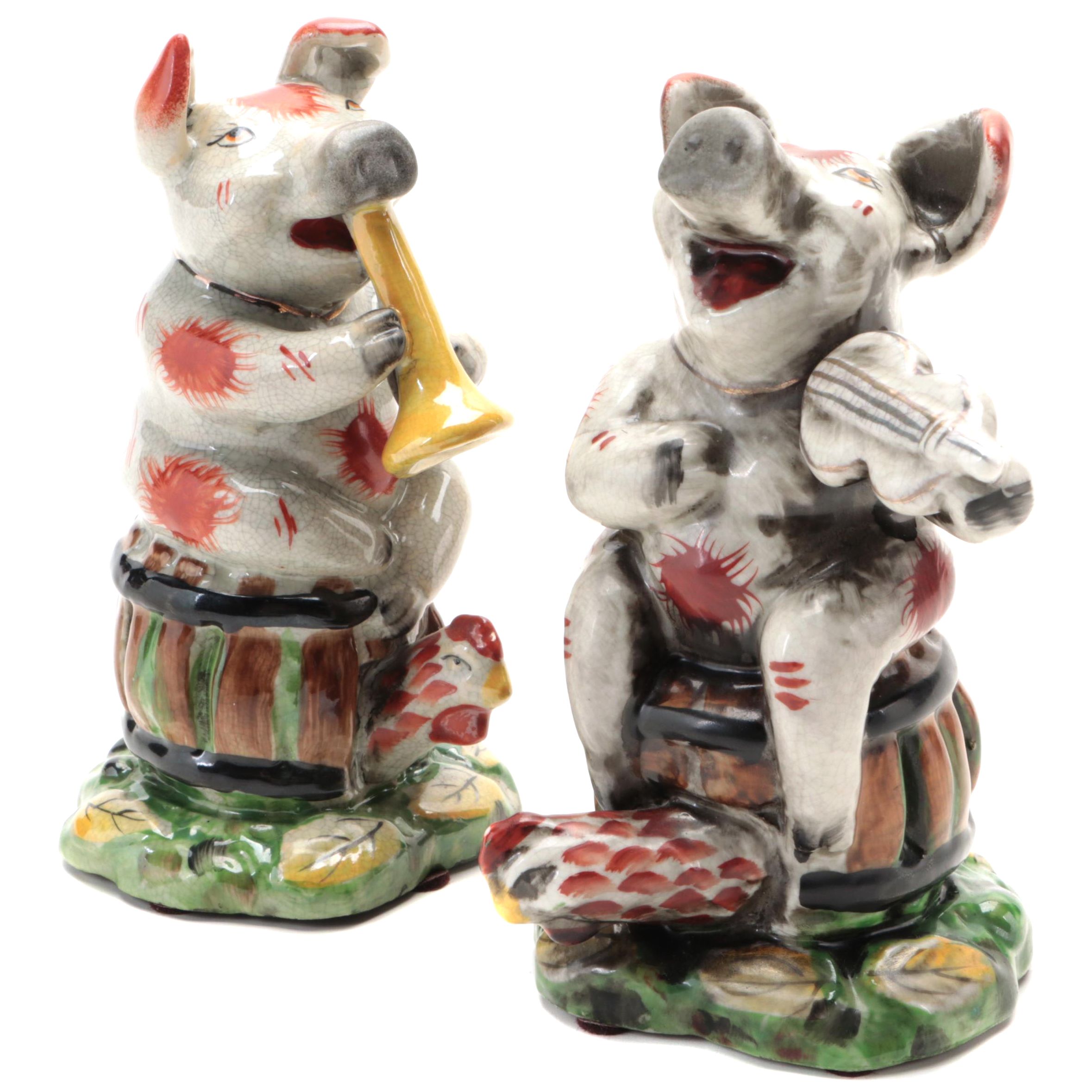 Staffordshire Style Craquelure Porcelain Musical Pig Figurines