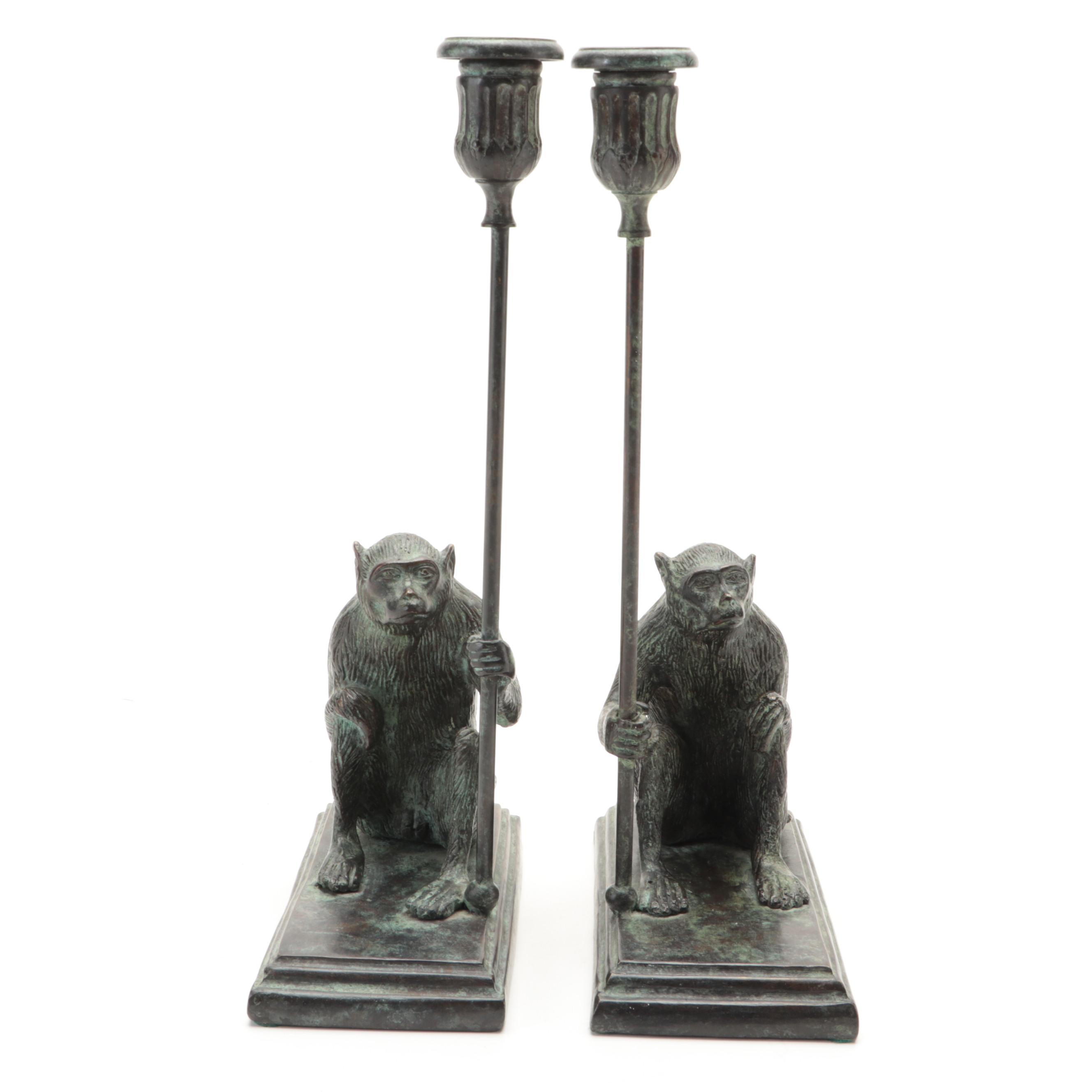 Pair of Maitland-Smith Ltd. Patinated Bronze Monkey Candlesticks