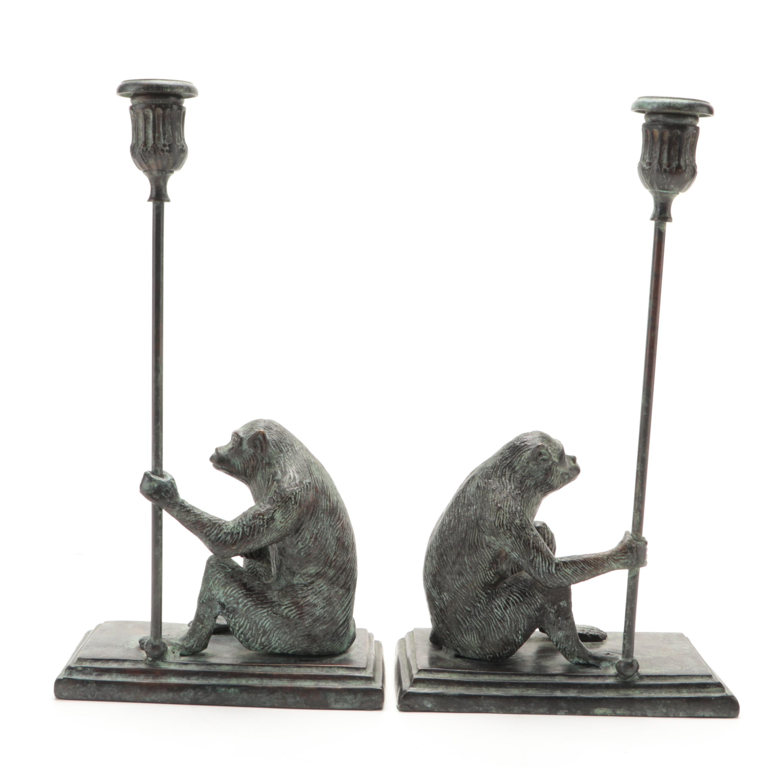 Pair of Maitland-Smith Ltd. Patinated Bronze Monkey Candlesticks