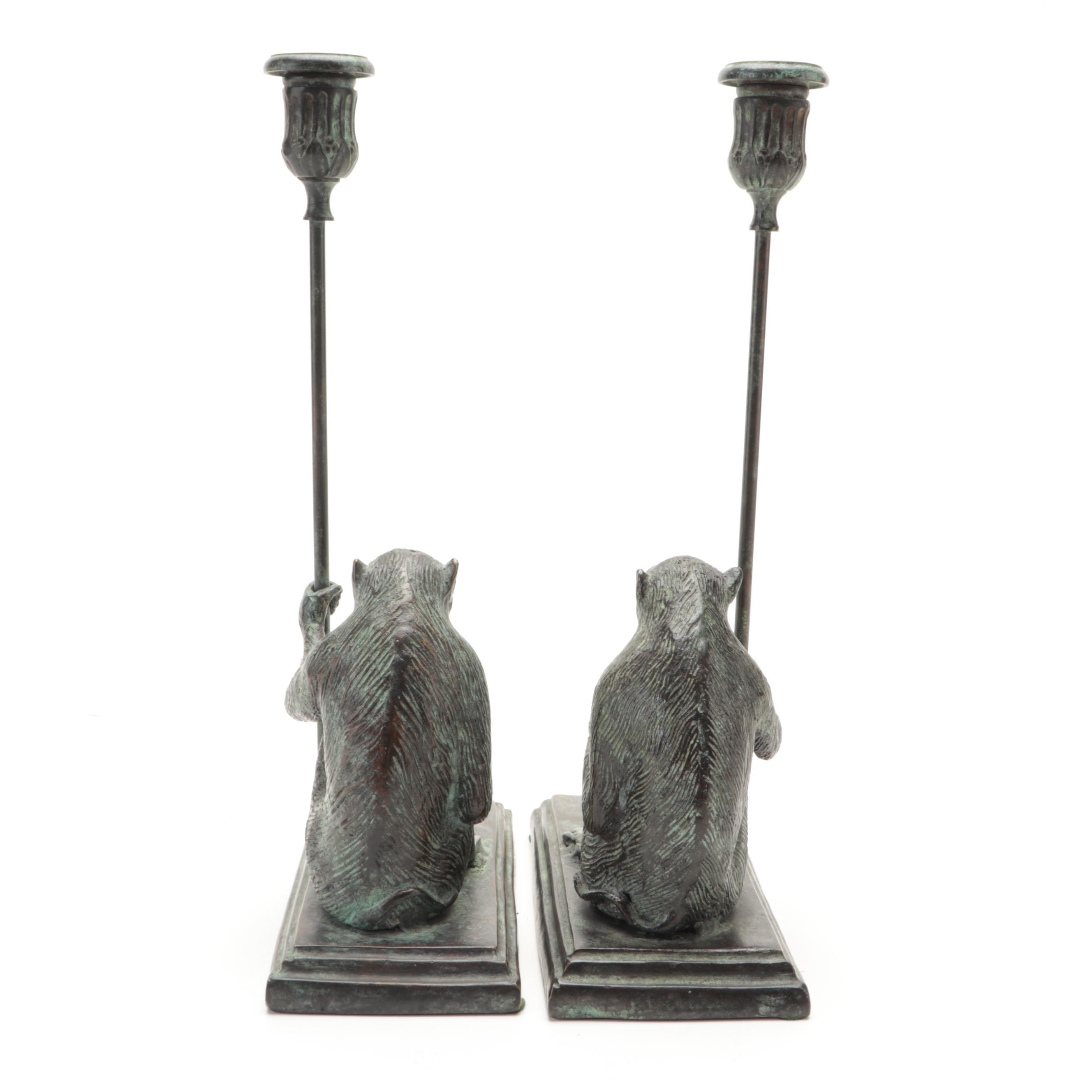 Pair of Maitland-Smith Ltd. Patinated Bronze Monkey Candlesticks
