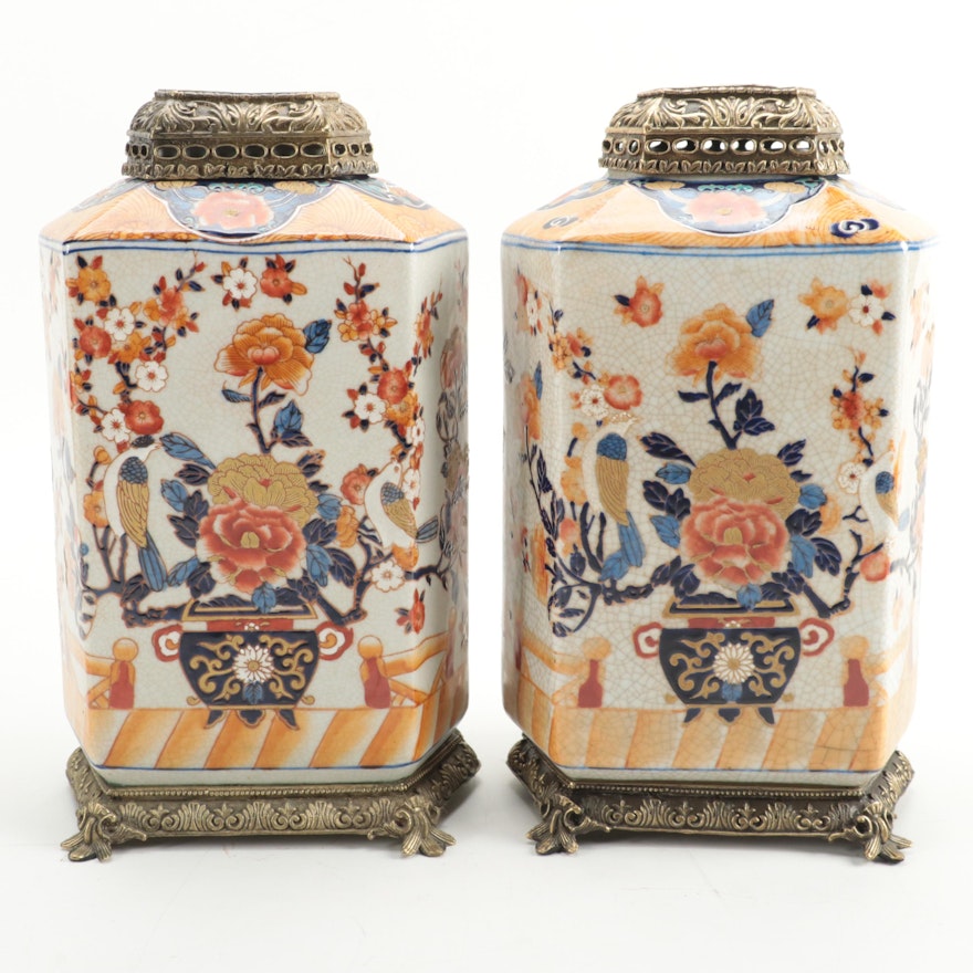 Amita Chinoiserie Brass-Mounted Porcelain Lidded Vessels