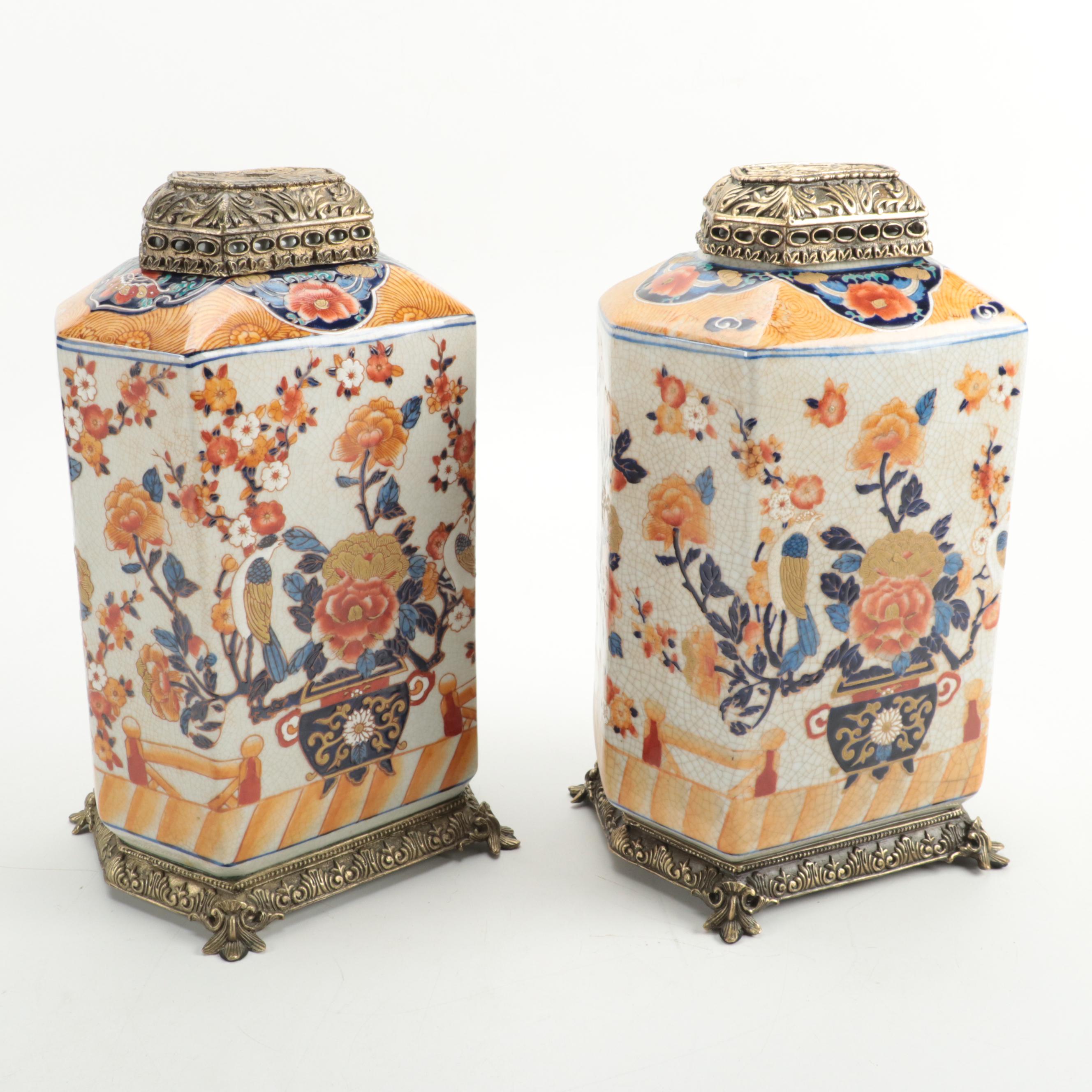 Amita Chinoiserie Brass-Mounted Porcelain Lidded Vessels