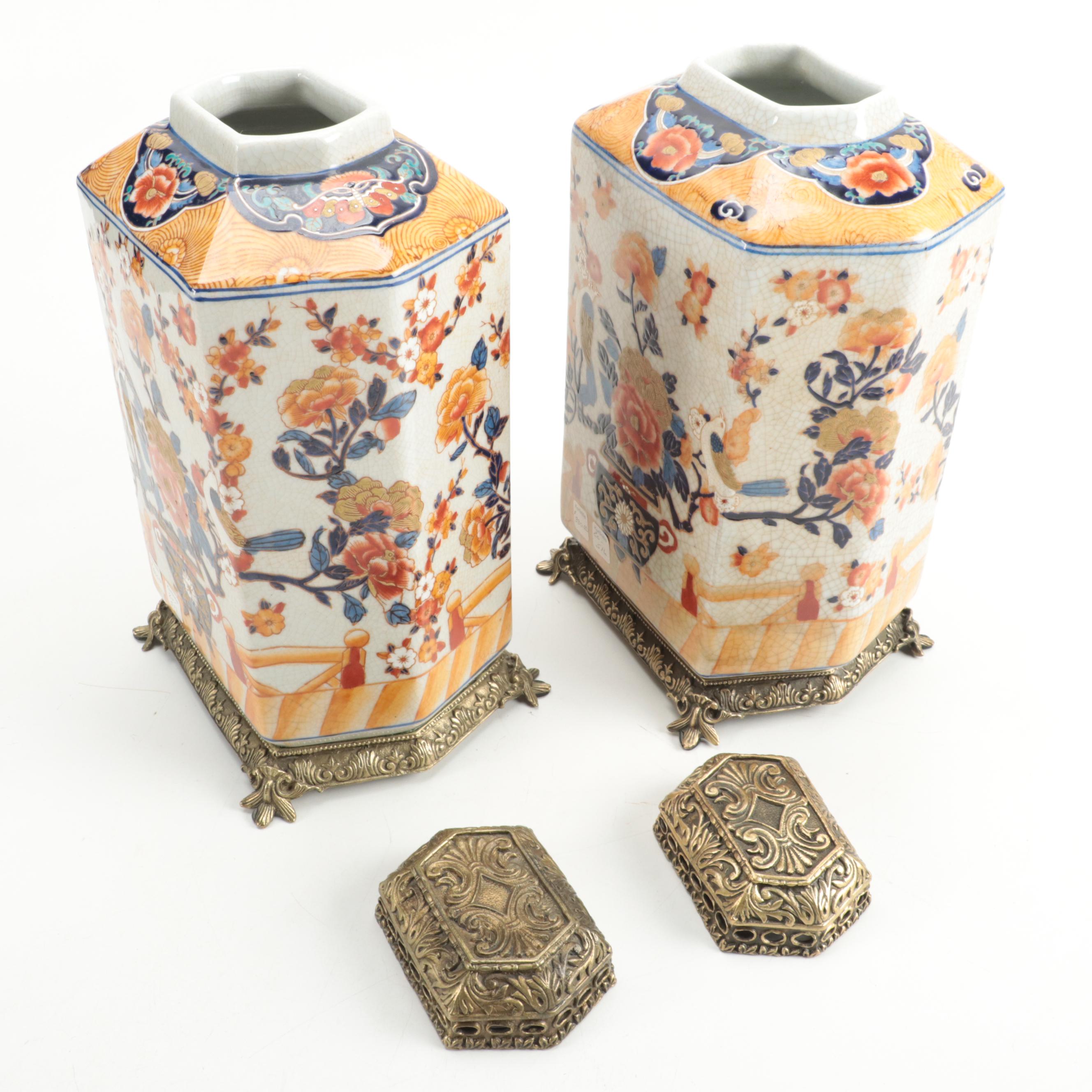 Amita Chinoiserie Brass-Mounted Porcelain Lidded Vessels