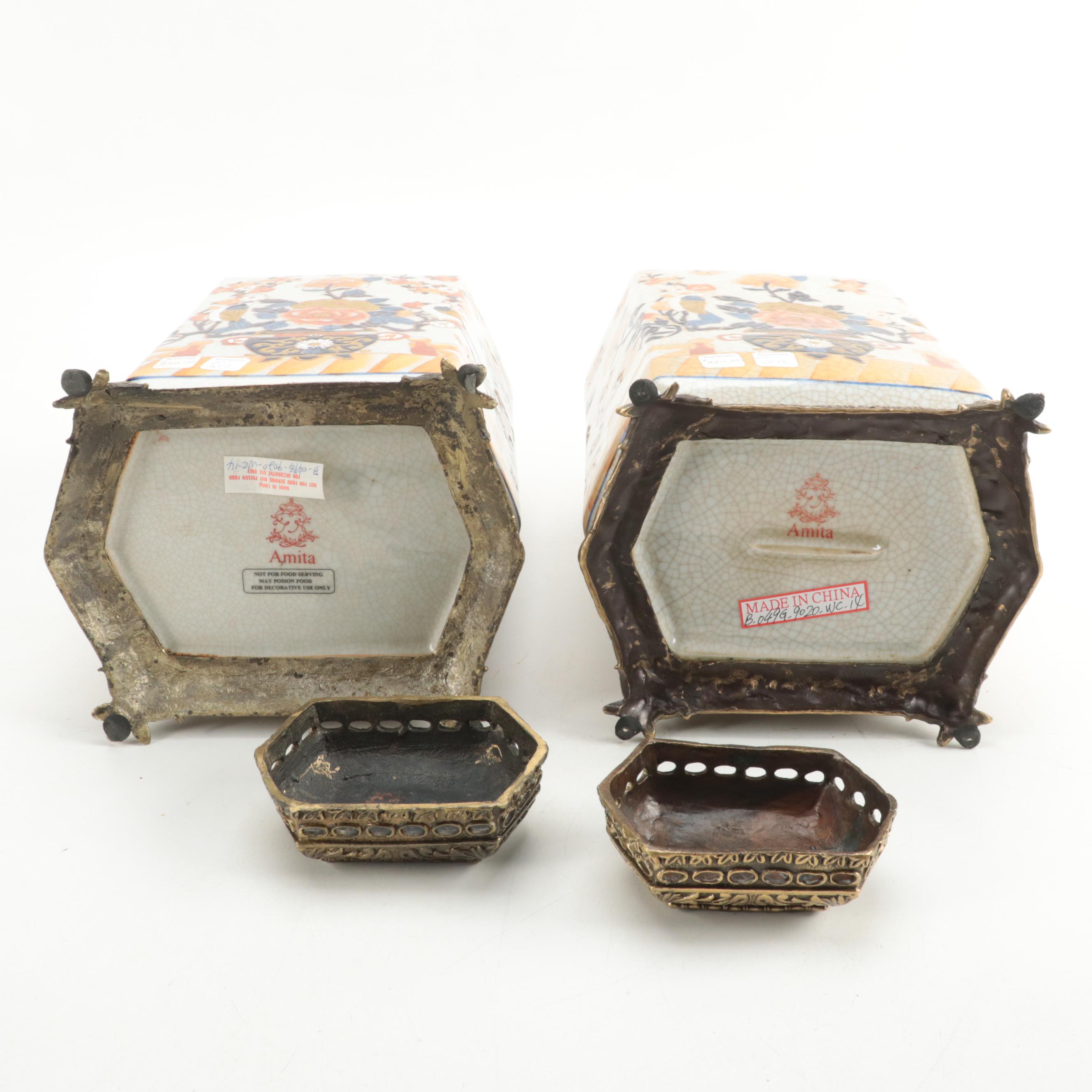 Amita Chinoiserie Brass-Mounted Porcelain Lidded Vessels