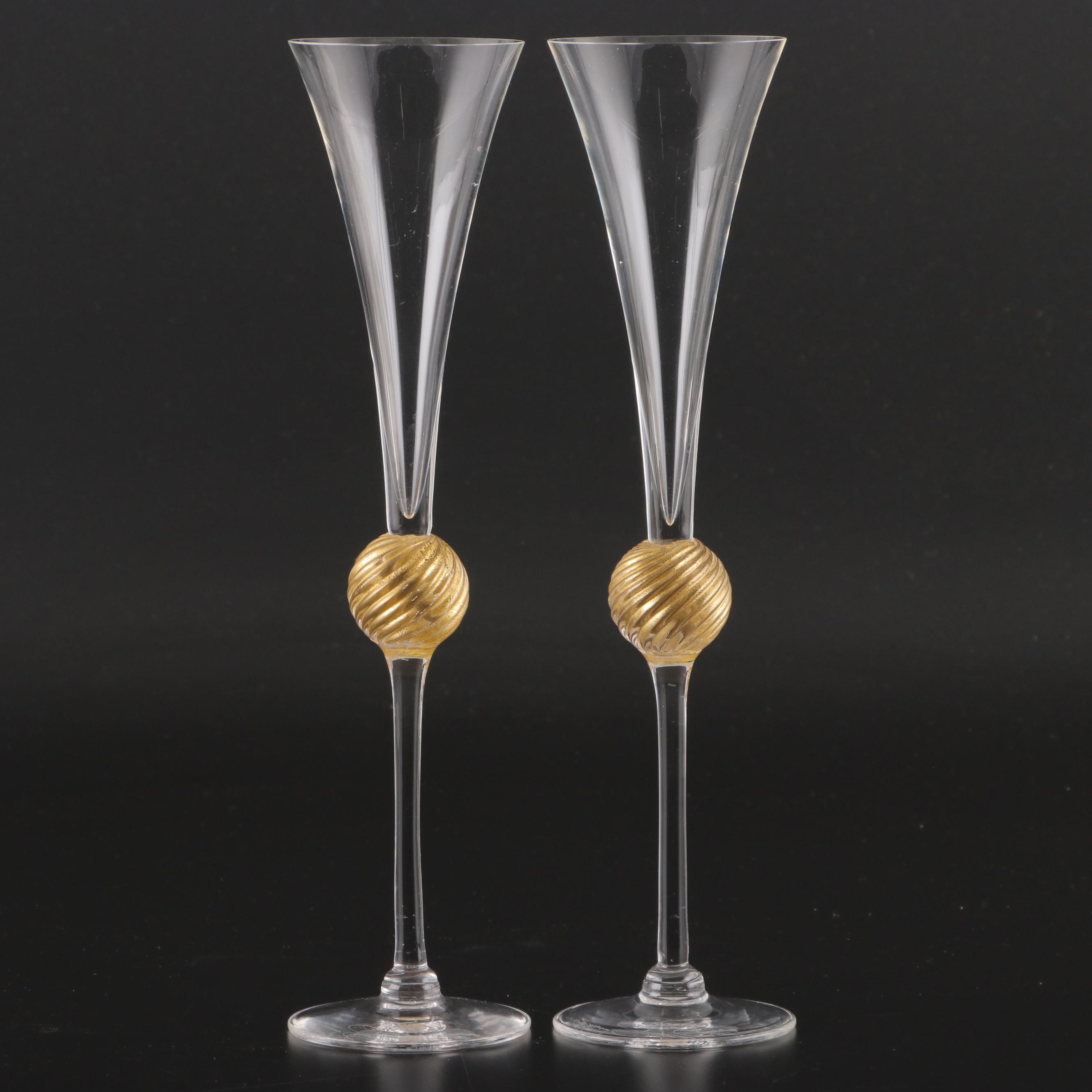 Union Street Glass Toasting Flutes and Gold Stem Goblet