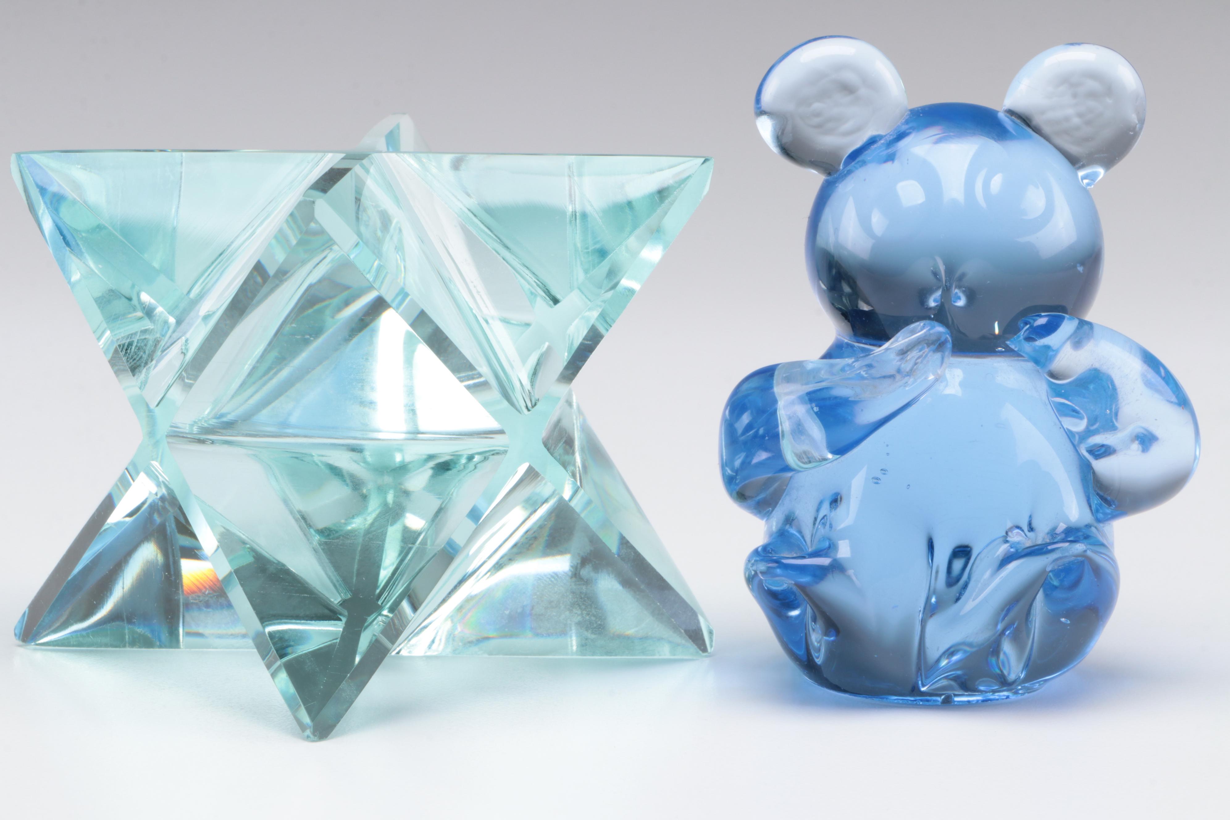 Blue Glass Panda Bear and Eight-Point Glass Star Figurines