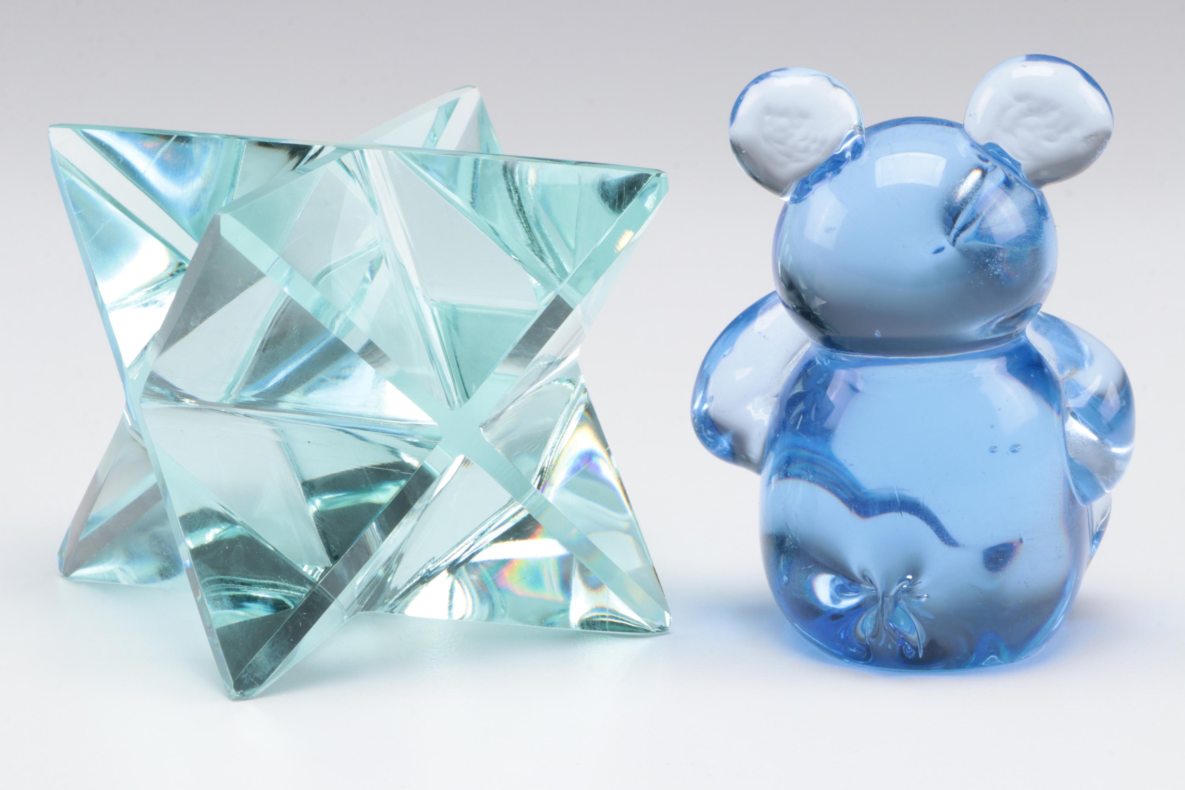 Blue Glass Panda Bear and Eight-Point Glass Star Figurines