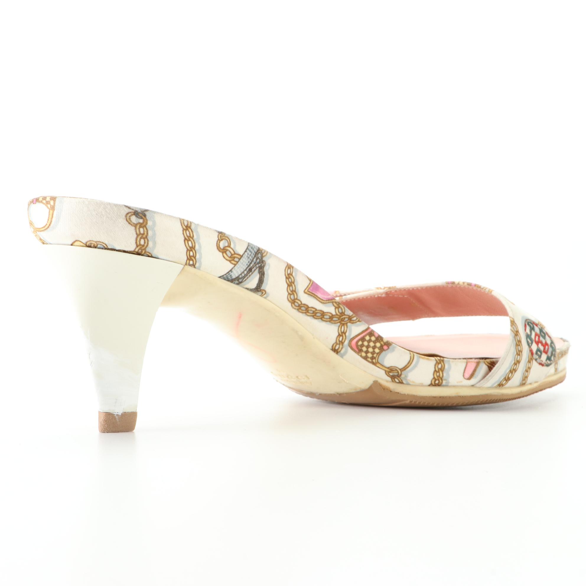 Gucci Slide Heels in Logo Chain Print Satin Textile