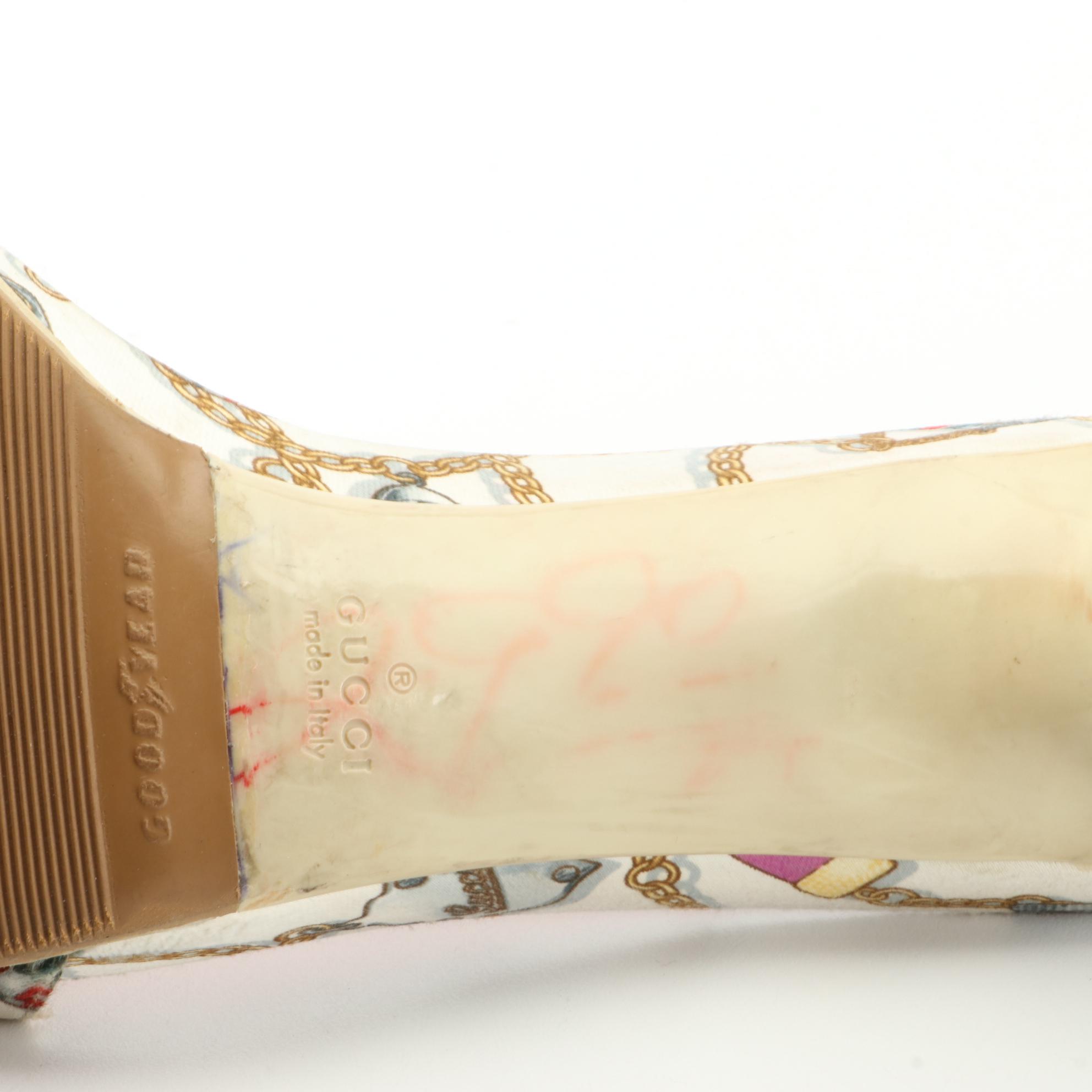 Gucci Slide Heels in Logo Chain Print Satin Textile