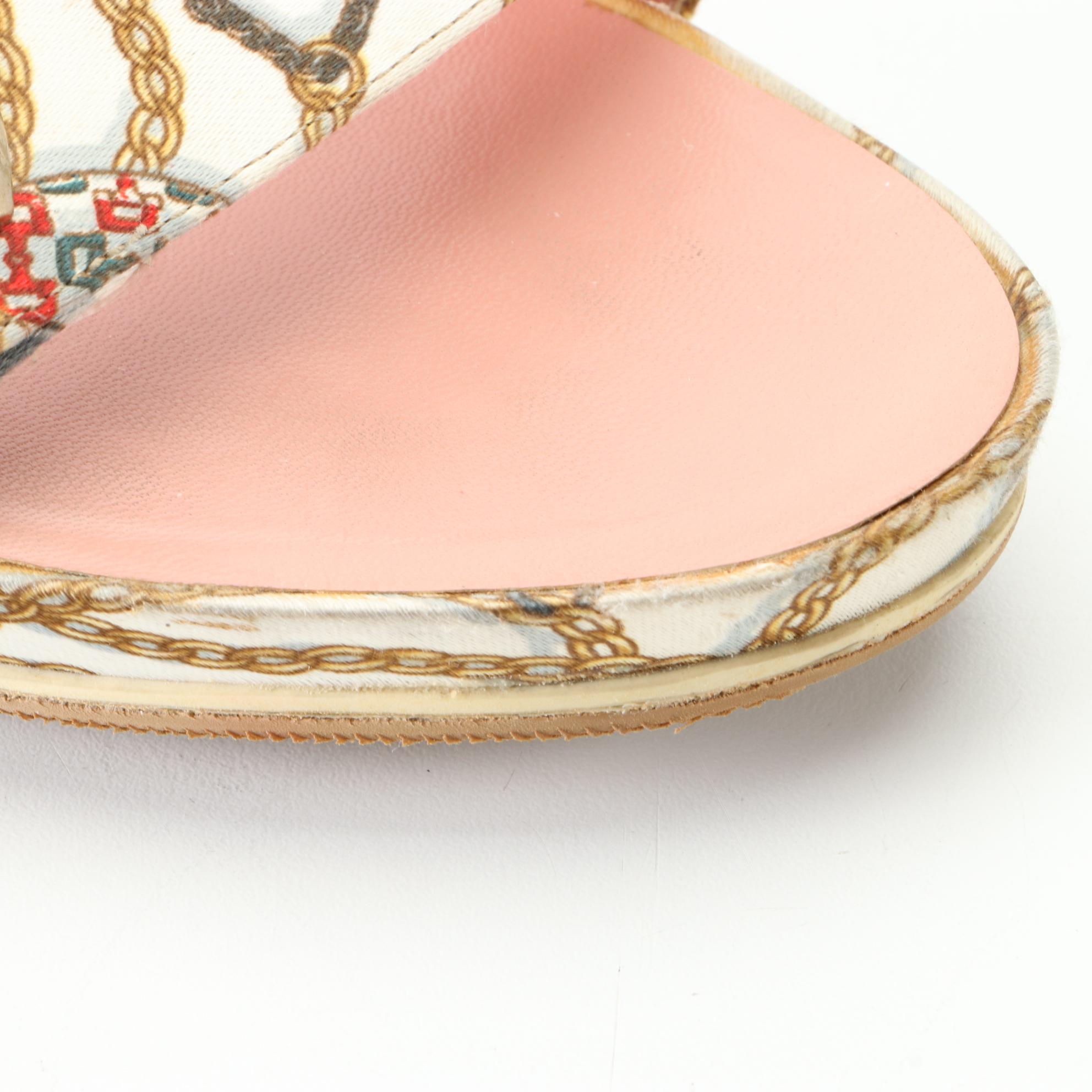 Gucci Slide Heels in Logo Chain Print Satin Textile