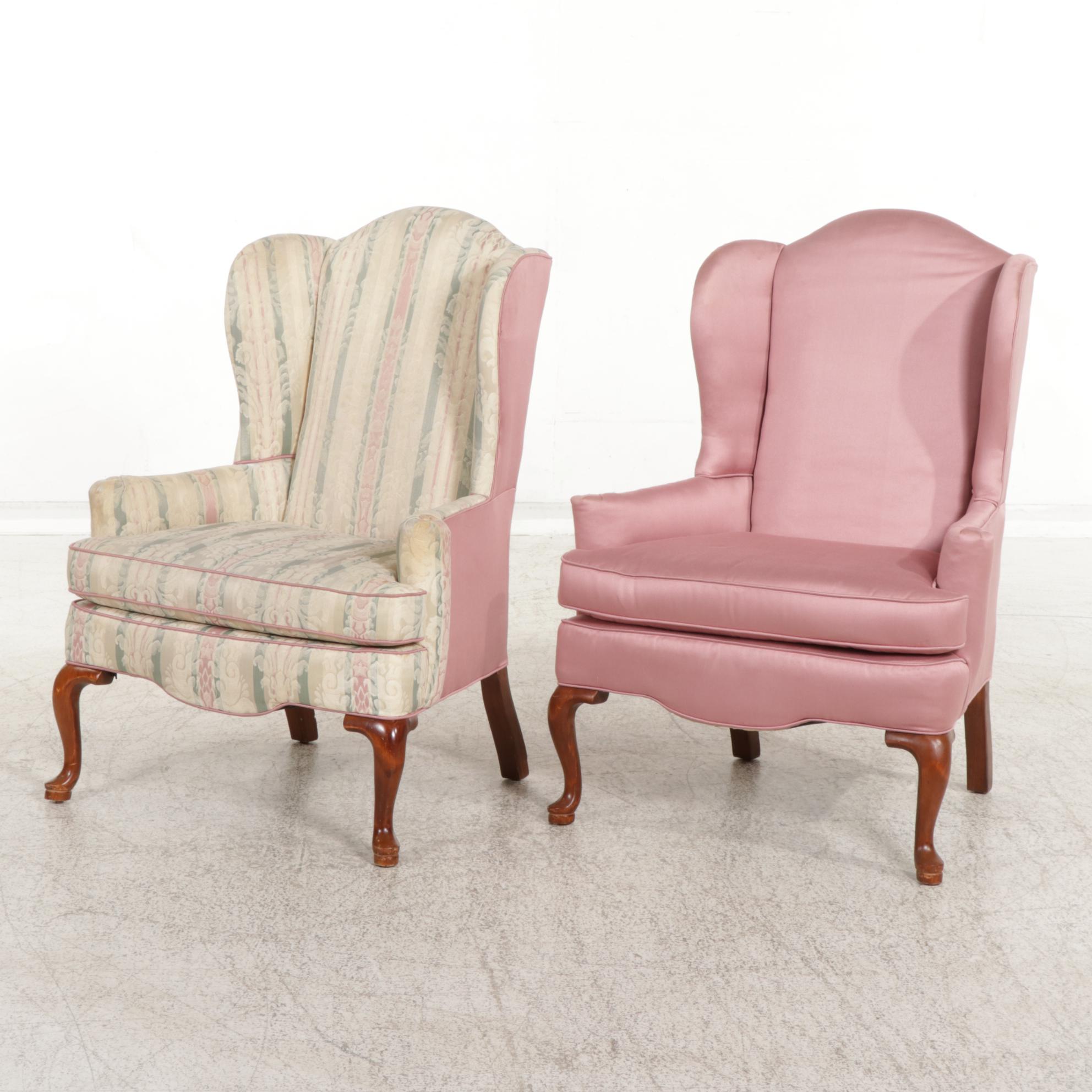 Two Queen Anne Style Wingback Armchairs, Late 20th Century