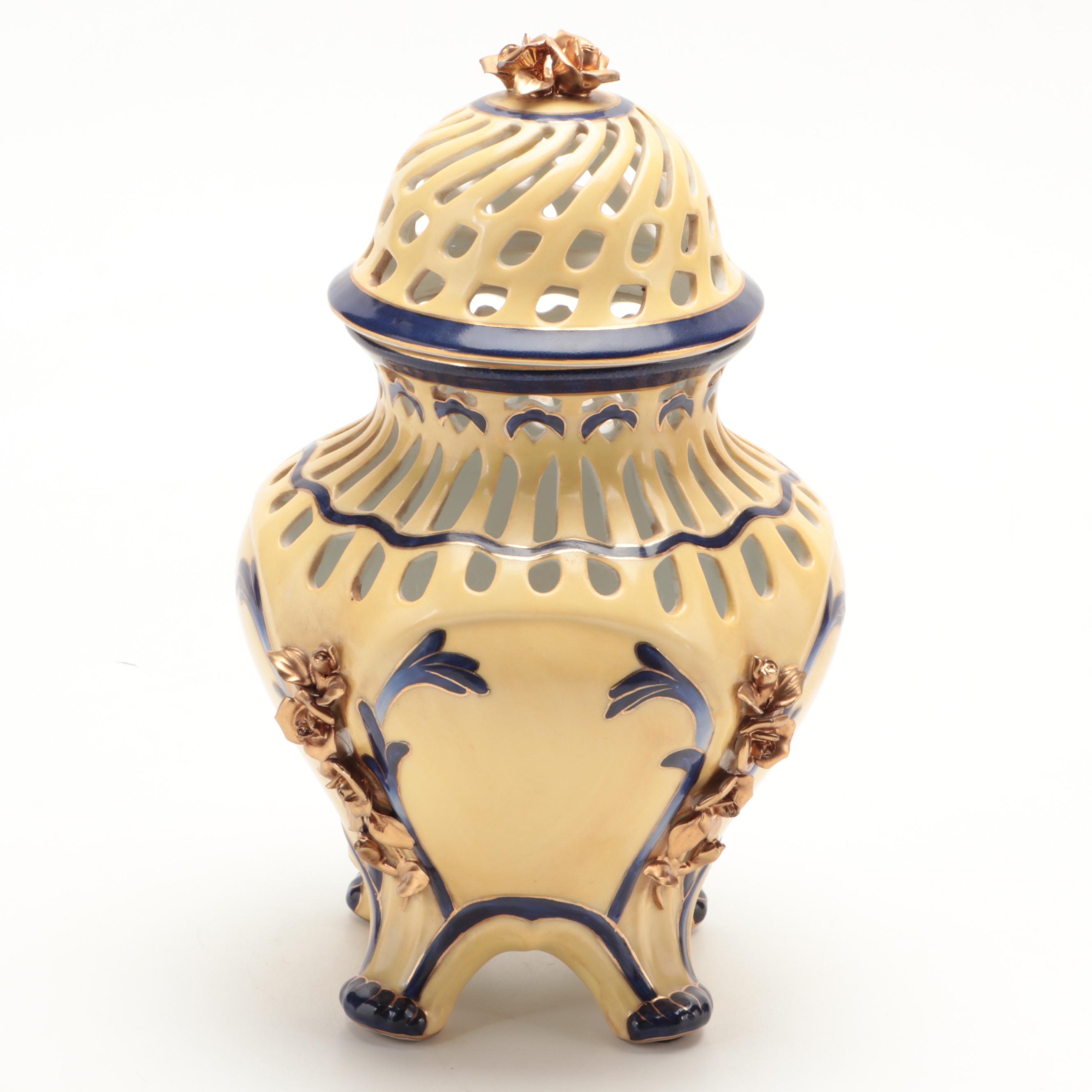 Speer Collectibles Gilt Accented Hand-Painted Porcelain Reticulated Temple Jars