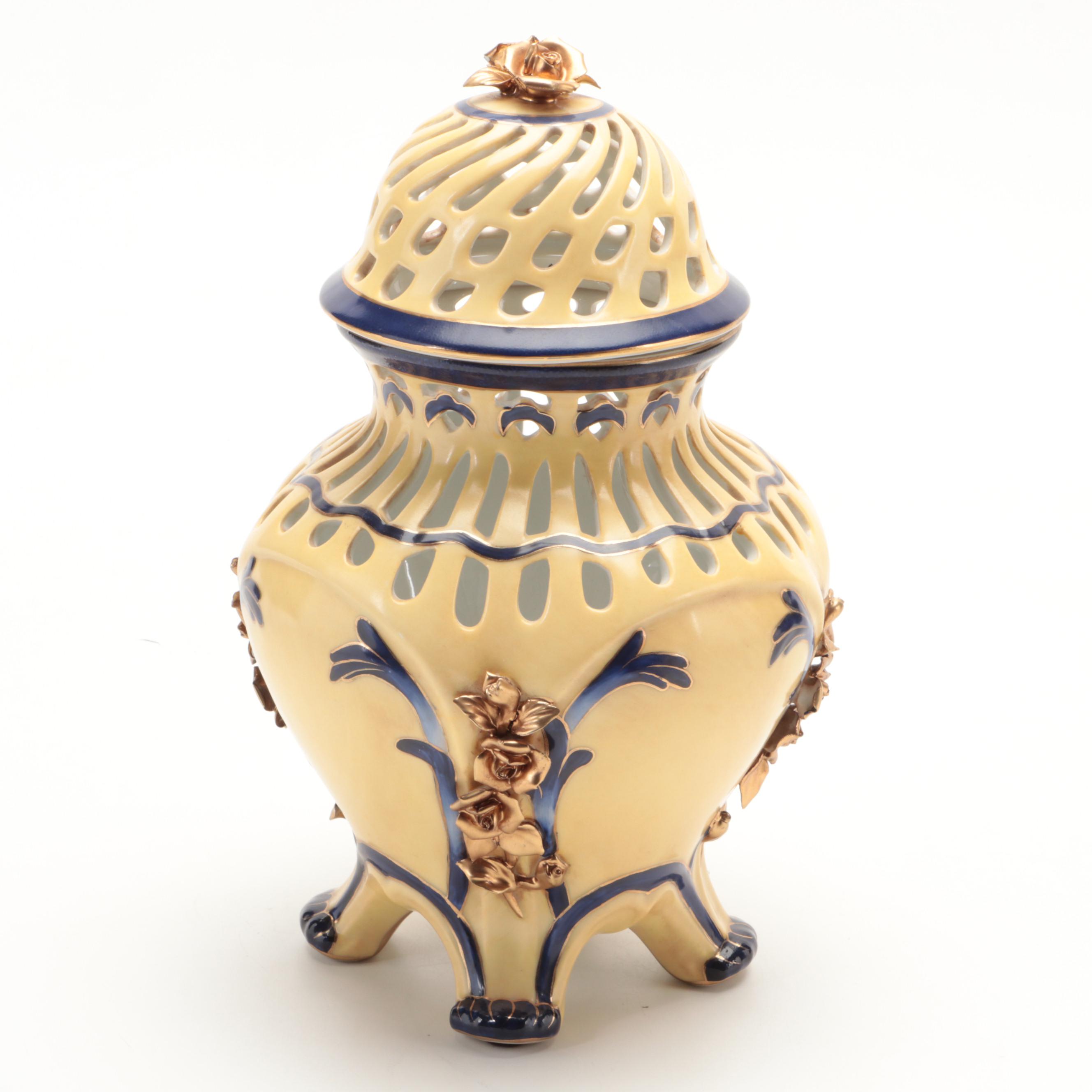 Speer Collectibles Gilt Accented Hand-Painted Porcelain Reticulated Temple Jars