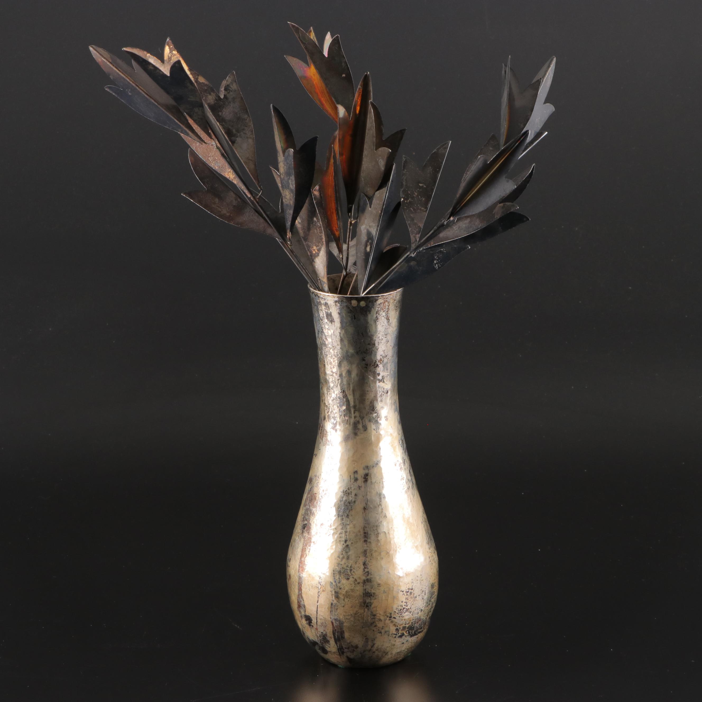 Hammered Silver Plate Vase with Decorative Metal Foliage