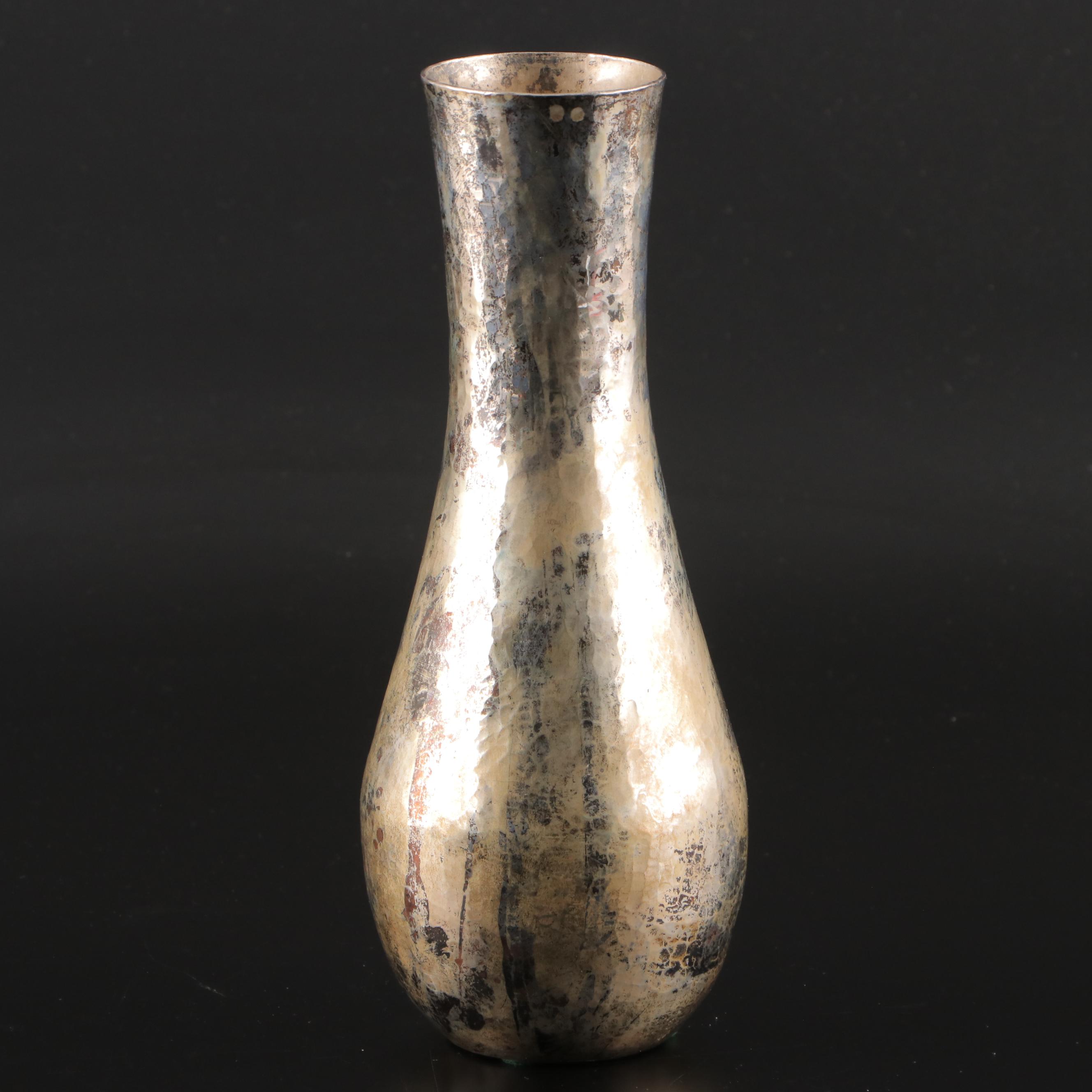 Hammered Silver Plate Vase with Decorative Metal Foliage