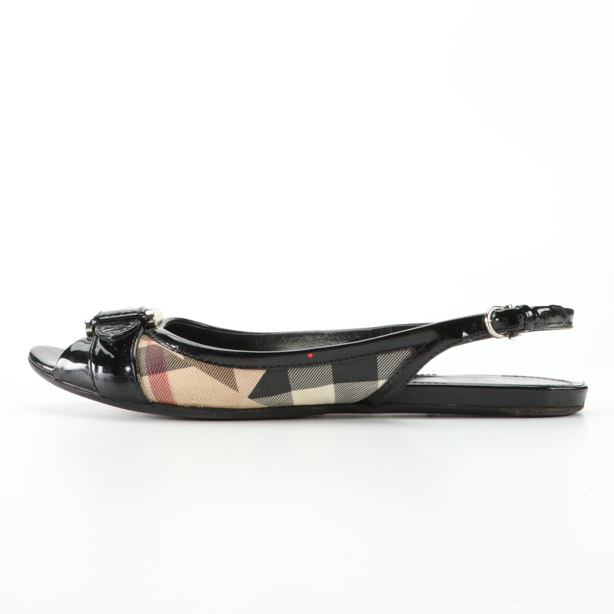 Burberry Buckle Slingback Flats in Check Coated Canvas and Patent Leather