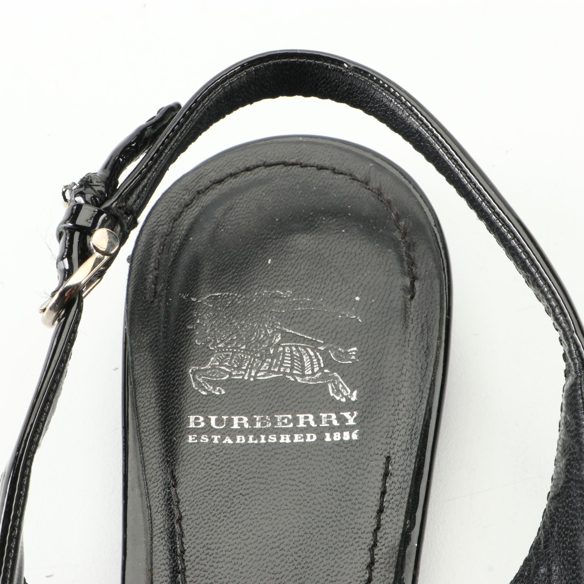 Burberry Buckle Slingback Flats in Check Coated Canvas and Patent Leather