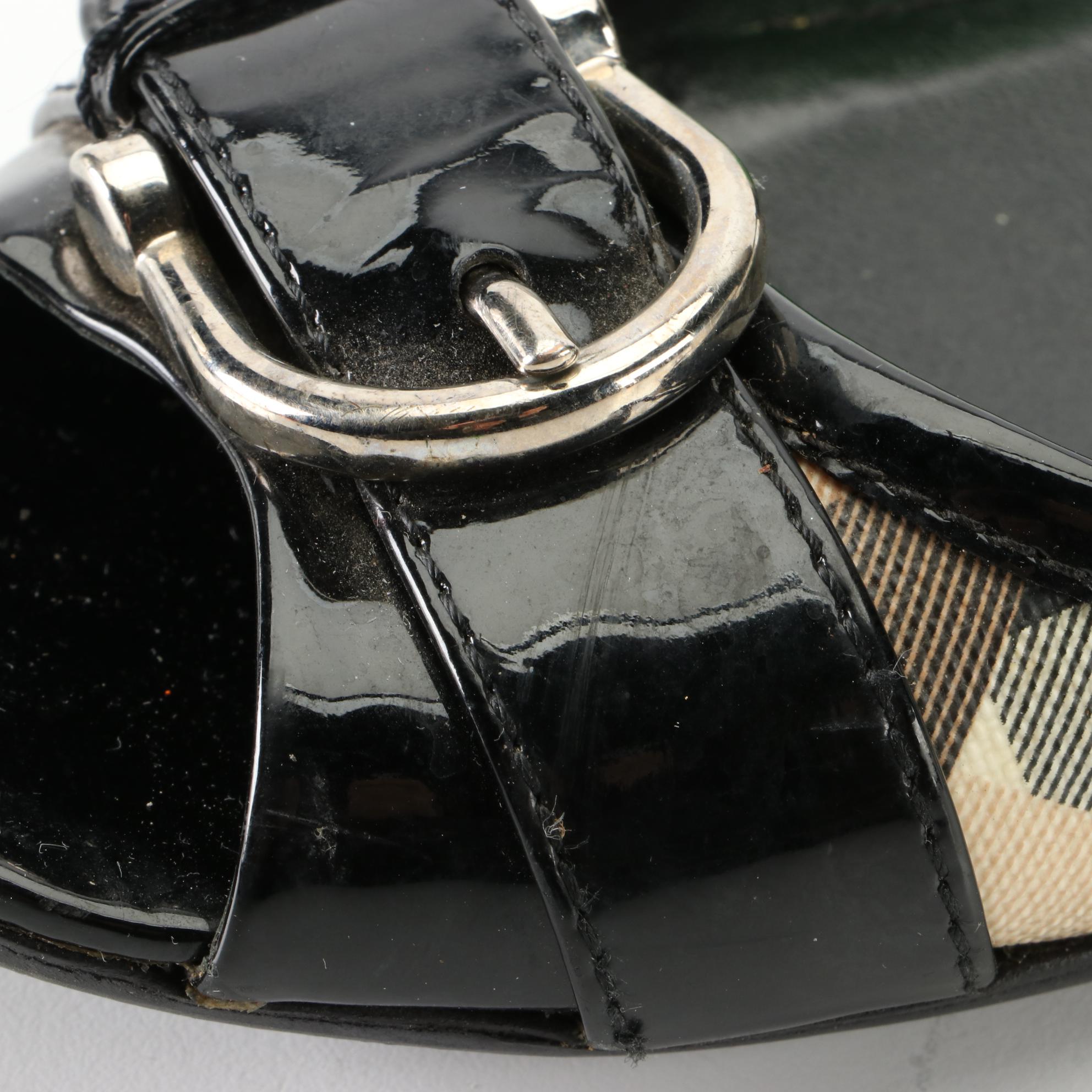 Burberry Buckle Slingback Flats in Check Coated Canvas and Patent Leather