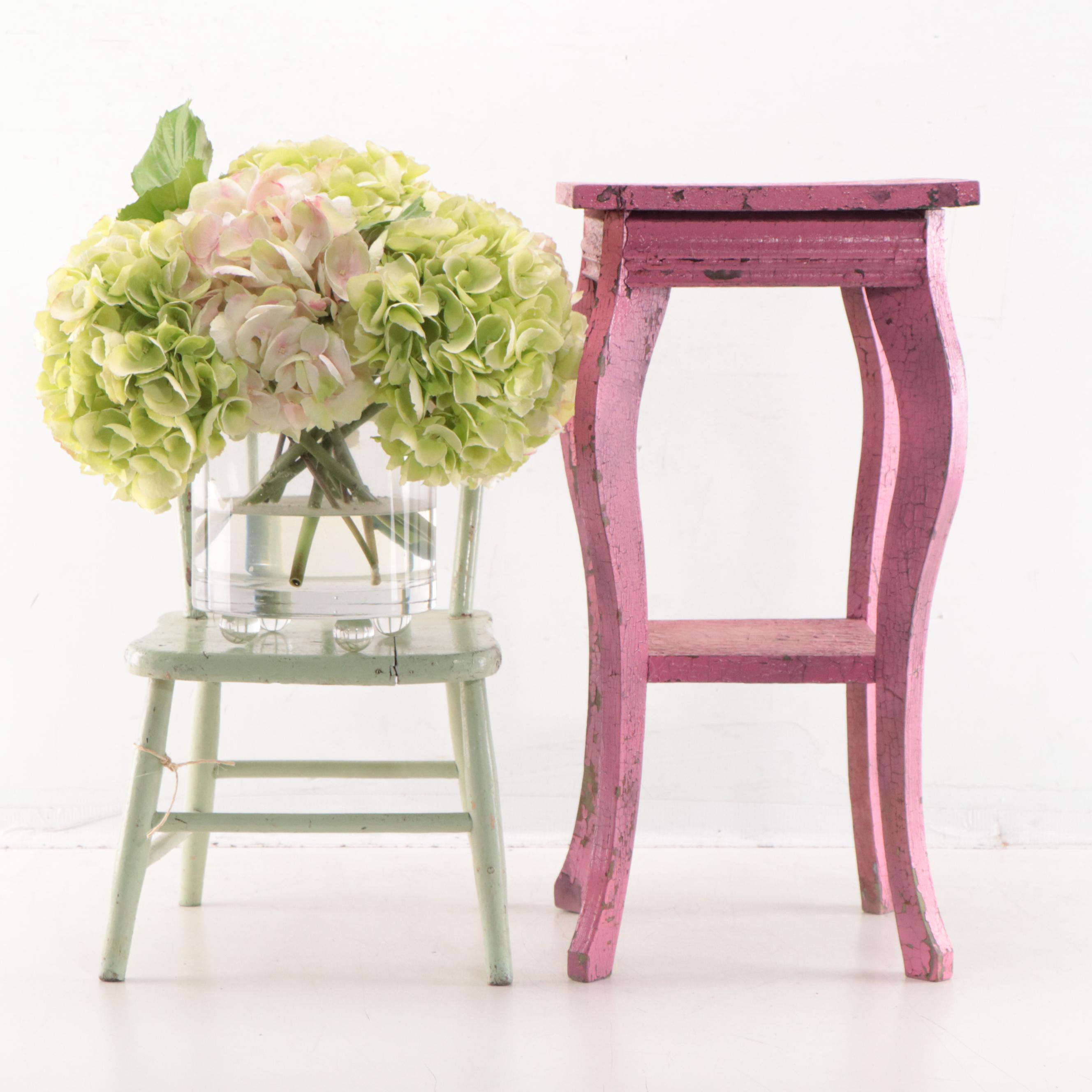 Hand-Painted Wood Child's Chair, End Table, and Faux Floral Vase