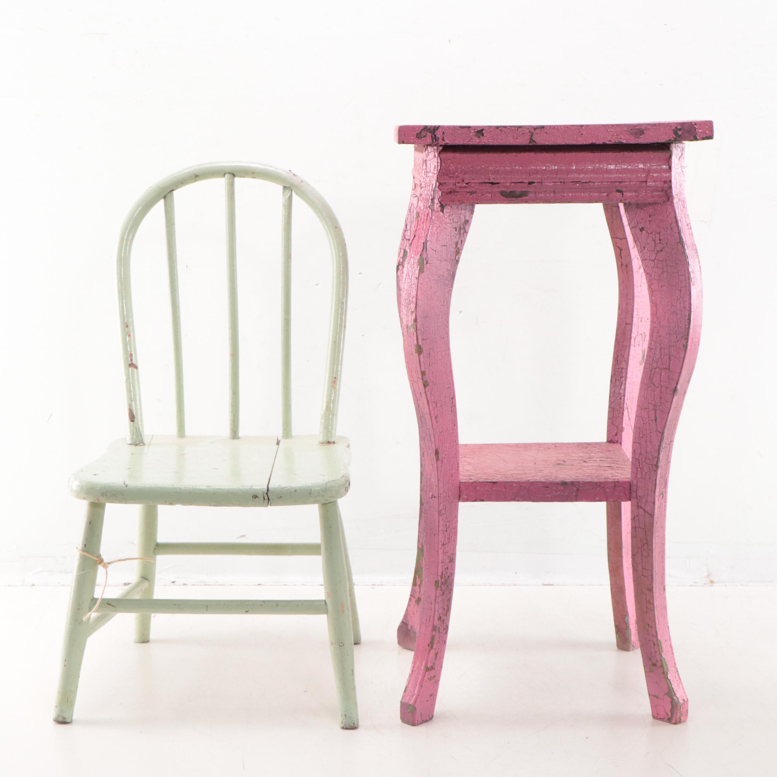 Hand-Painted Wood Child's Chair, End Table, and Faux Floral Vase