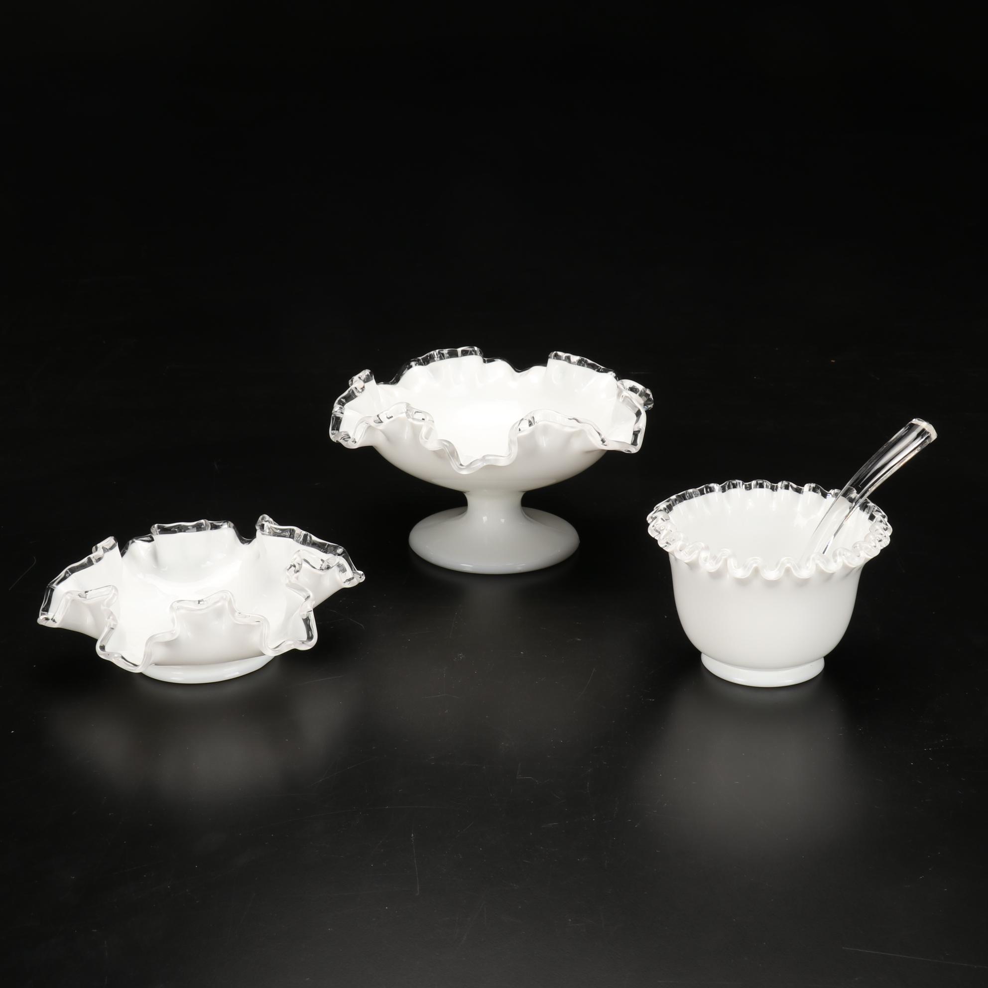 Fenton "Silver Crest" Hobnail Milk Glass Cake Stand, Candlestick Compote, & More