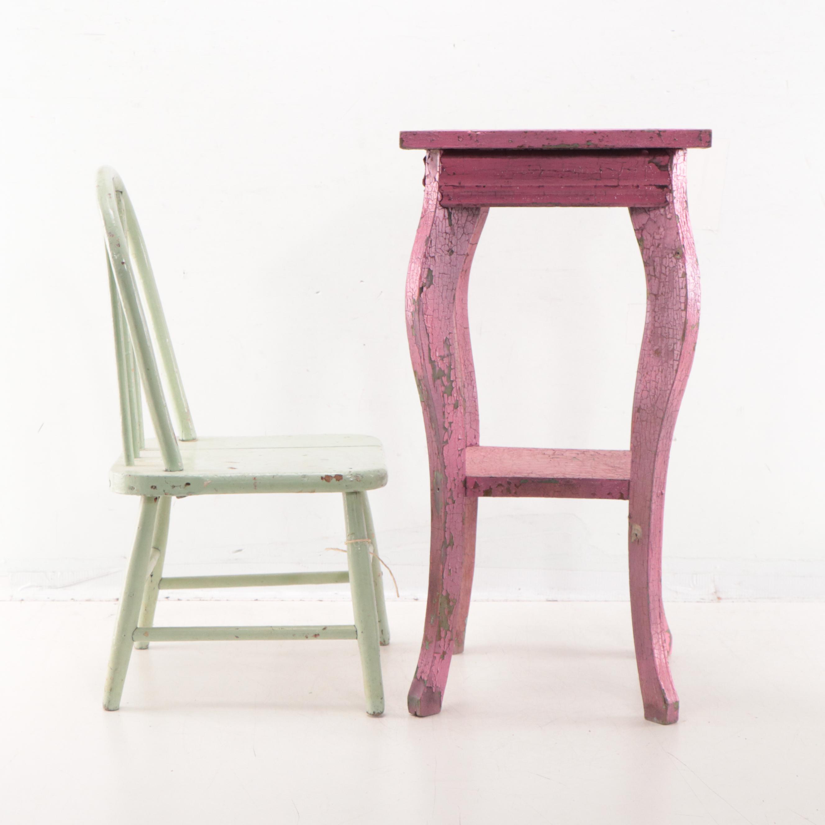 Hand-Painted Wood Child's Chair, End Table, and Faux Floral Vase