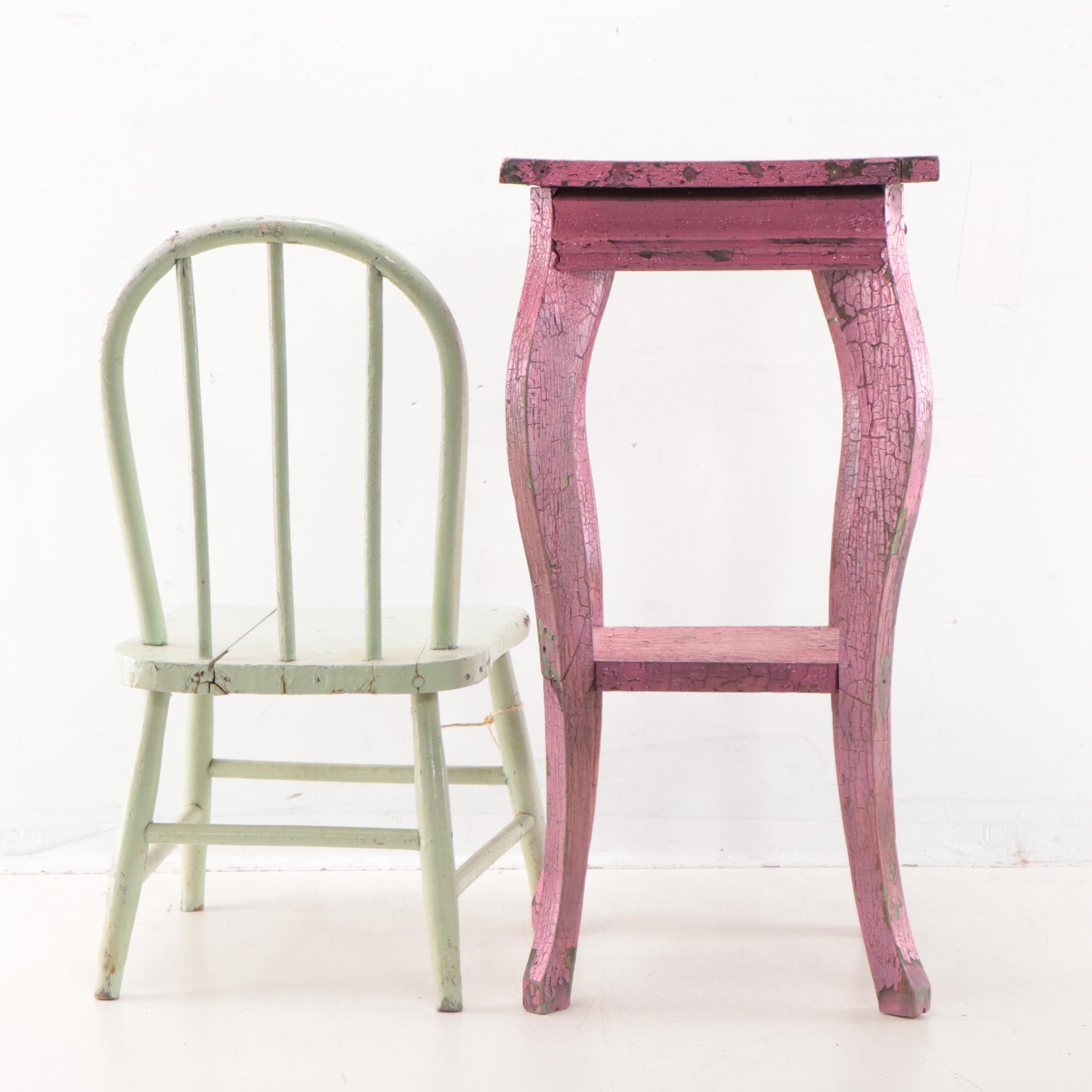 Hand-Painted Wood Child's Chair, End Table, and Faux Floral Vase
