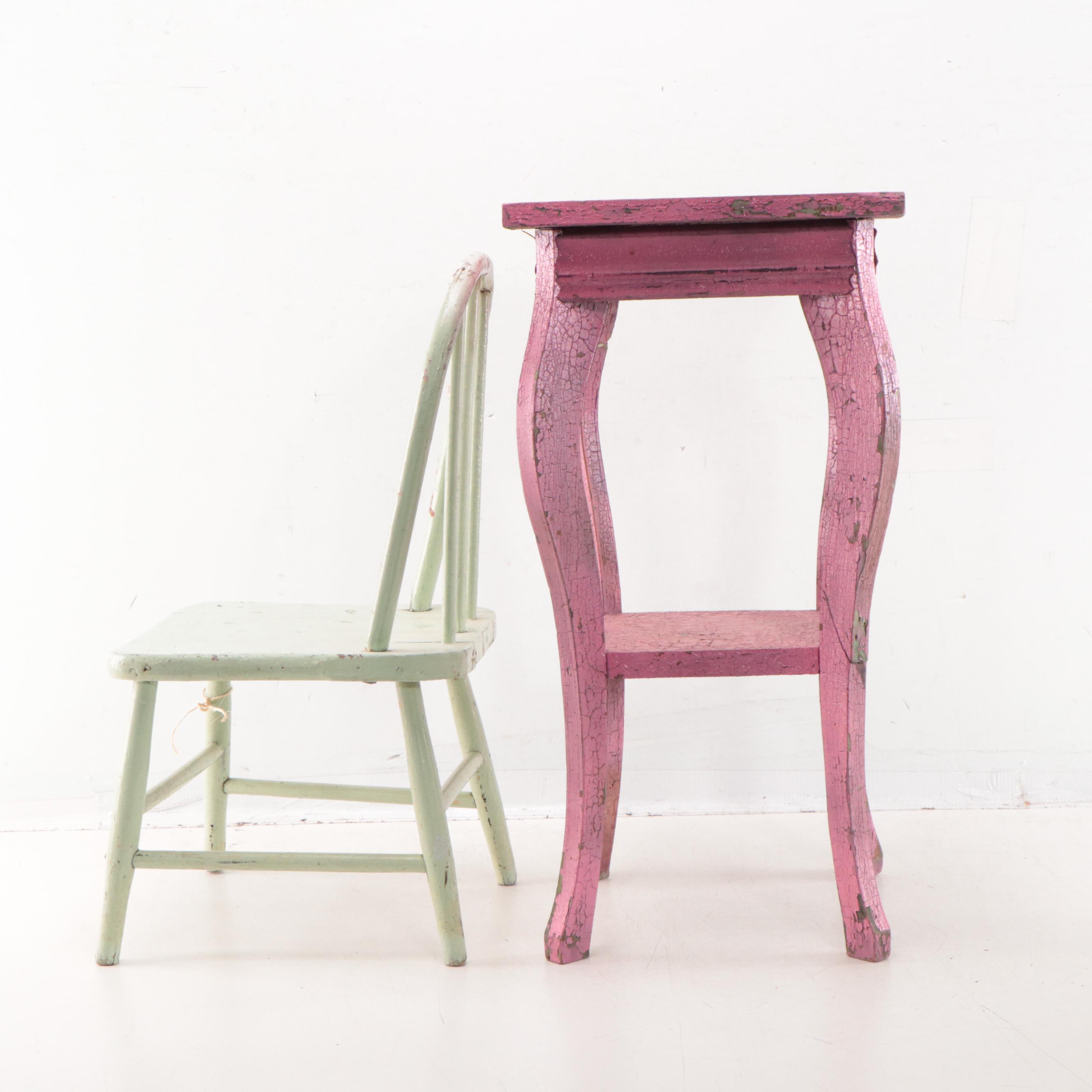 Hand-Painted Wood Child's Chair, End Table, and Faux Floral Vase