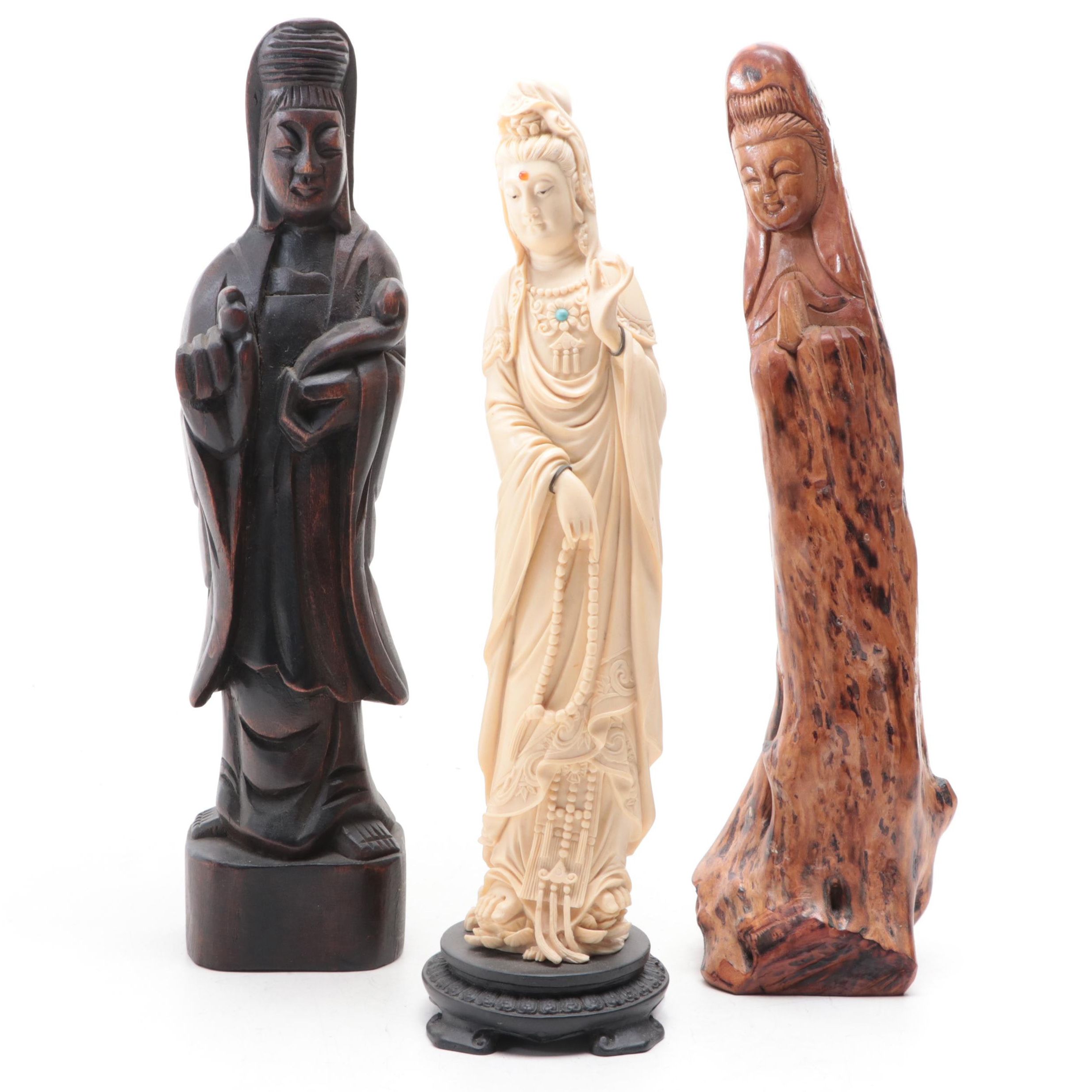Chinese Cast Resin and Carved Wood Figures of Guan Yin