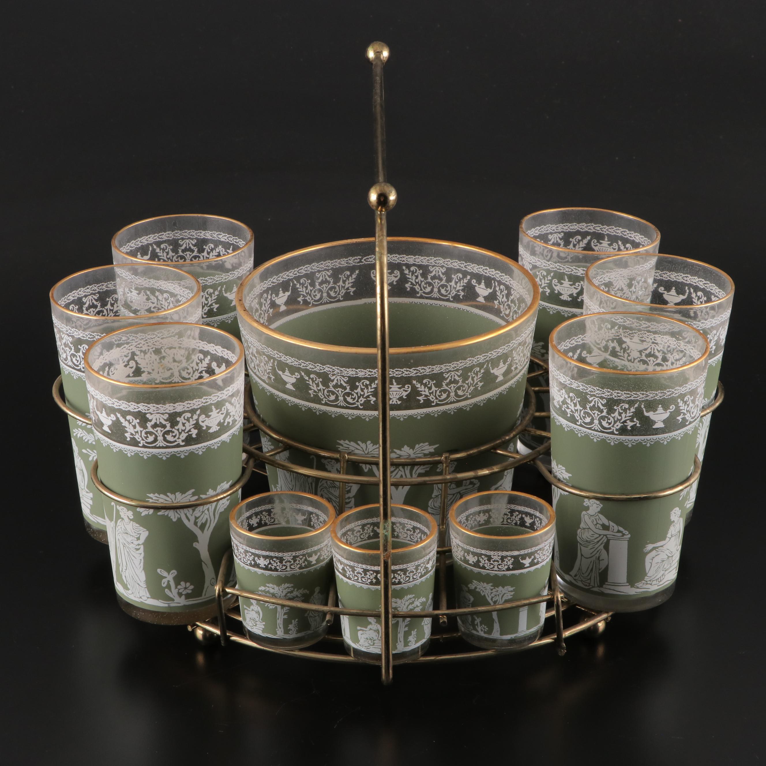 Jeannette "Hellenic Green" Glass Drinkware with Caddy, Mid-20th Century
