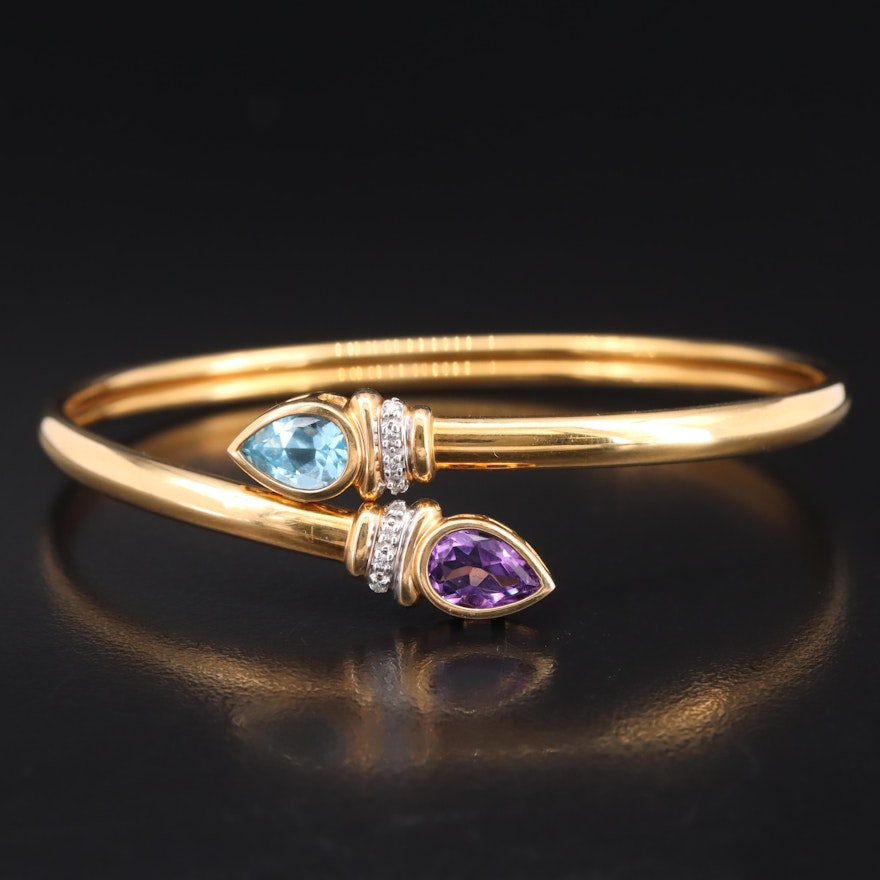 14K Amethyst, Sky Blue Topaz and Diamond Bypass Flex Cuff