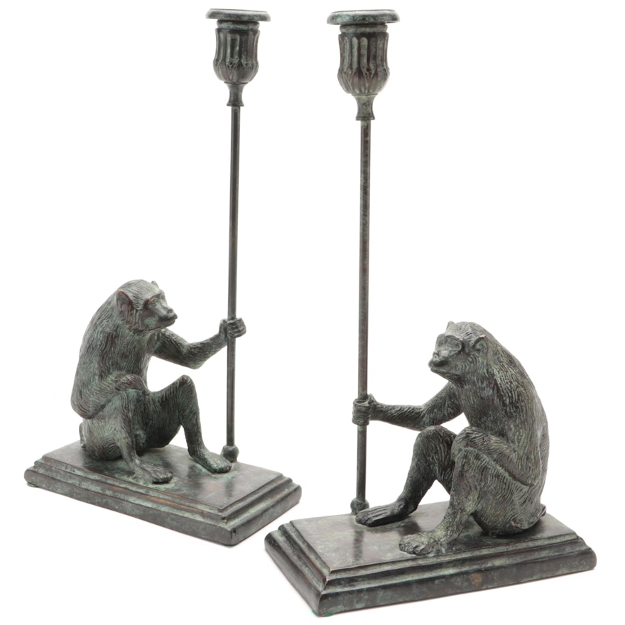 Pair of Maitland-Smith Ltd. Patinated Bronze Monkey Candlesticks