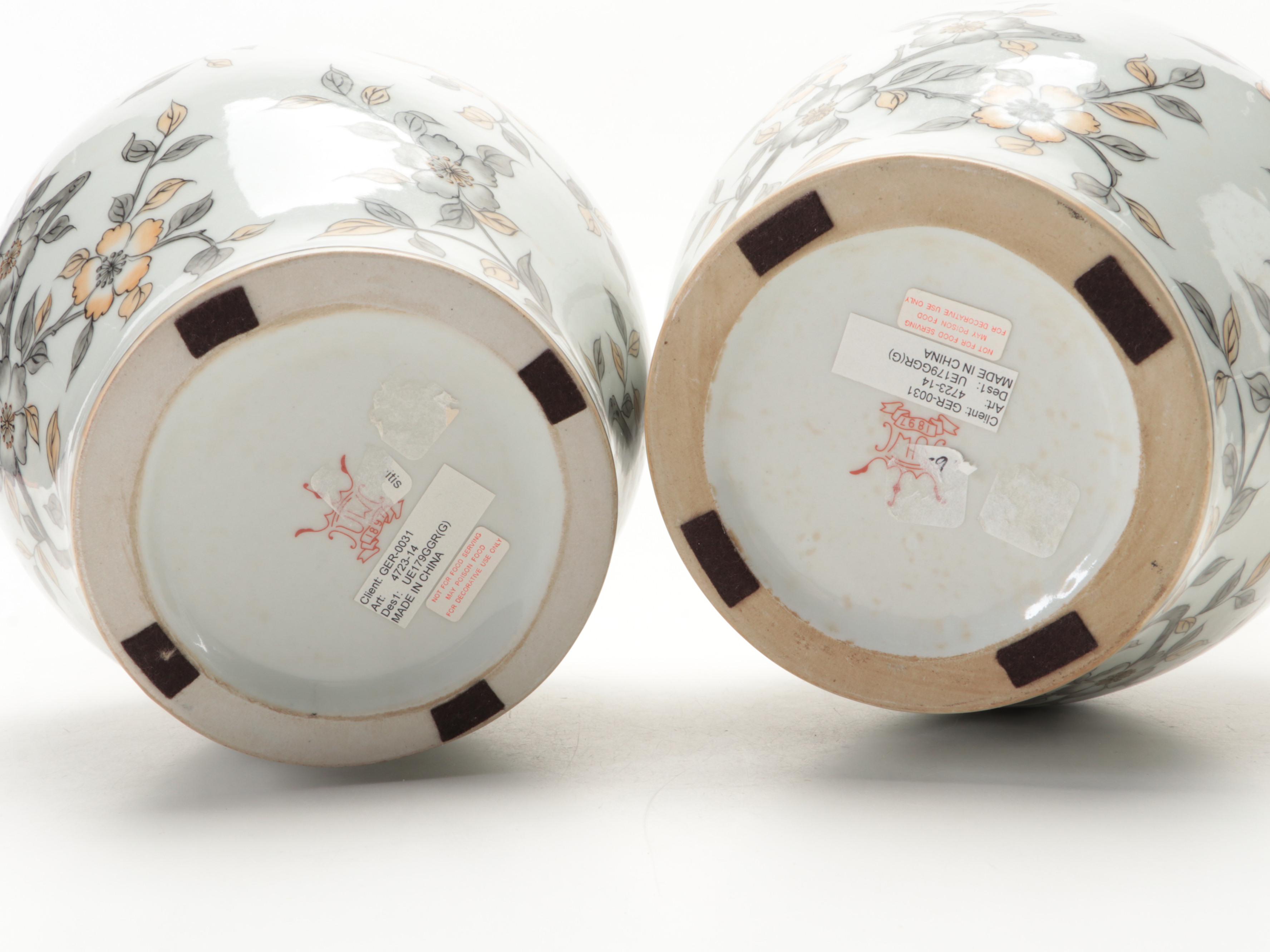 Pair of Porcelain Plum Blossom Vases and Gourd Lidded Tea Jar