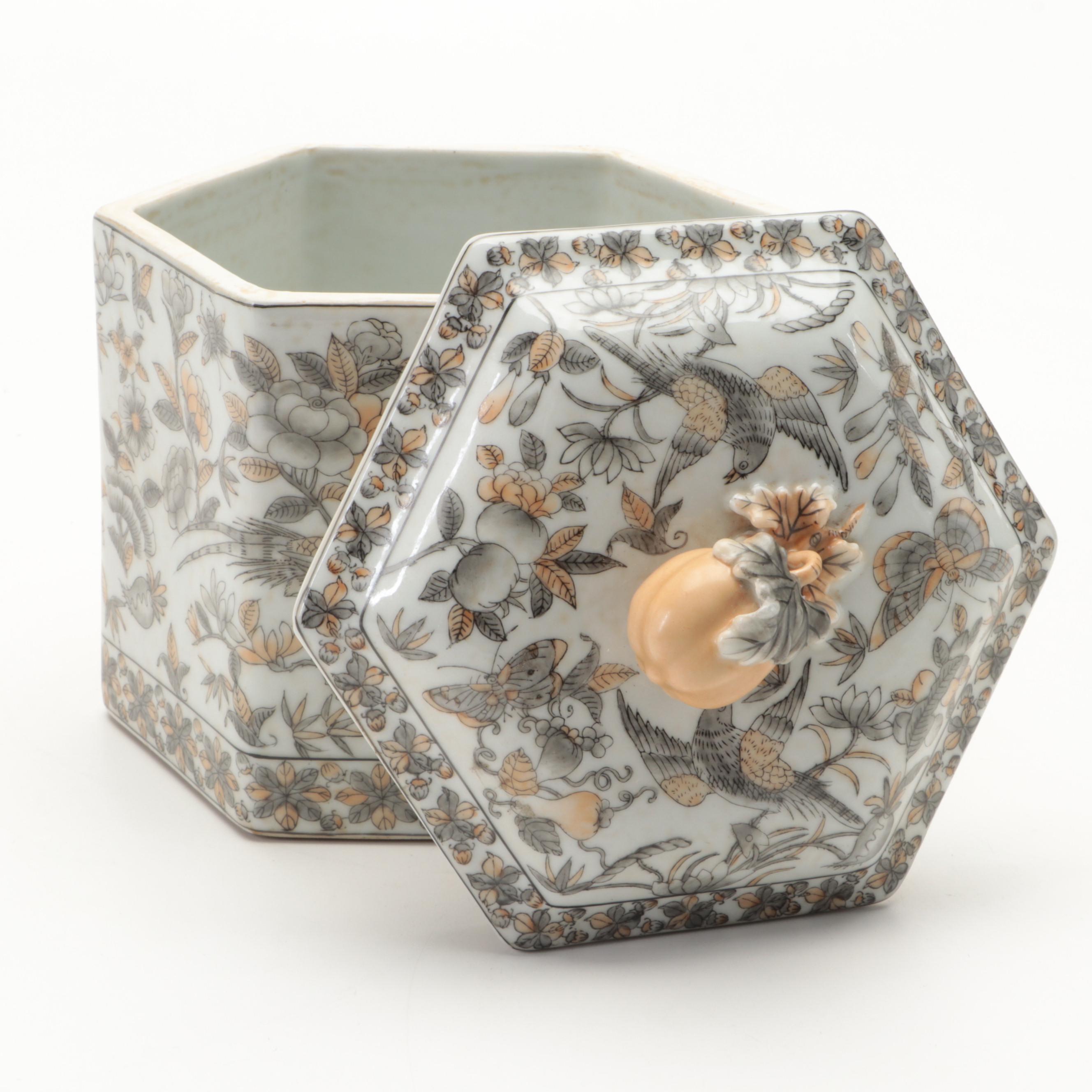 Pair of Porcelain Plum Blossom Vases and Gourd Lidded Tea Jar