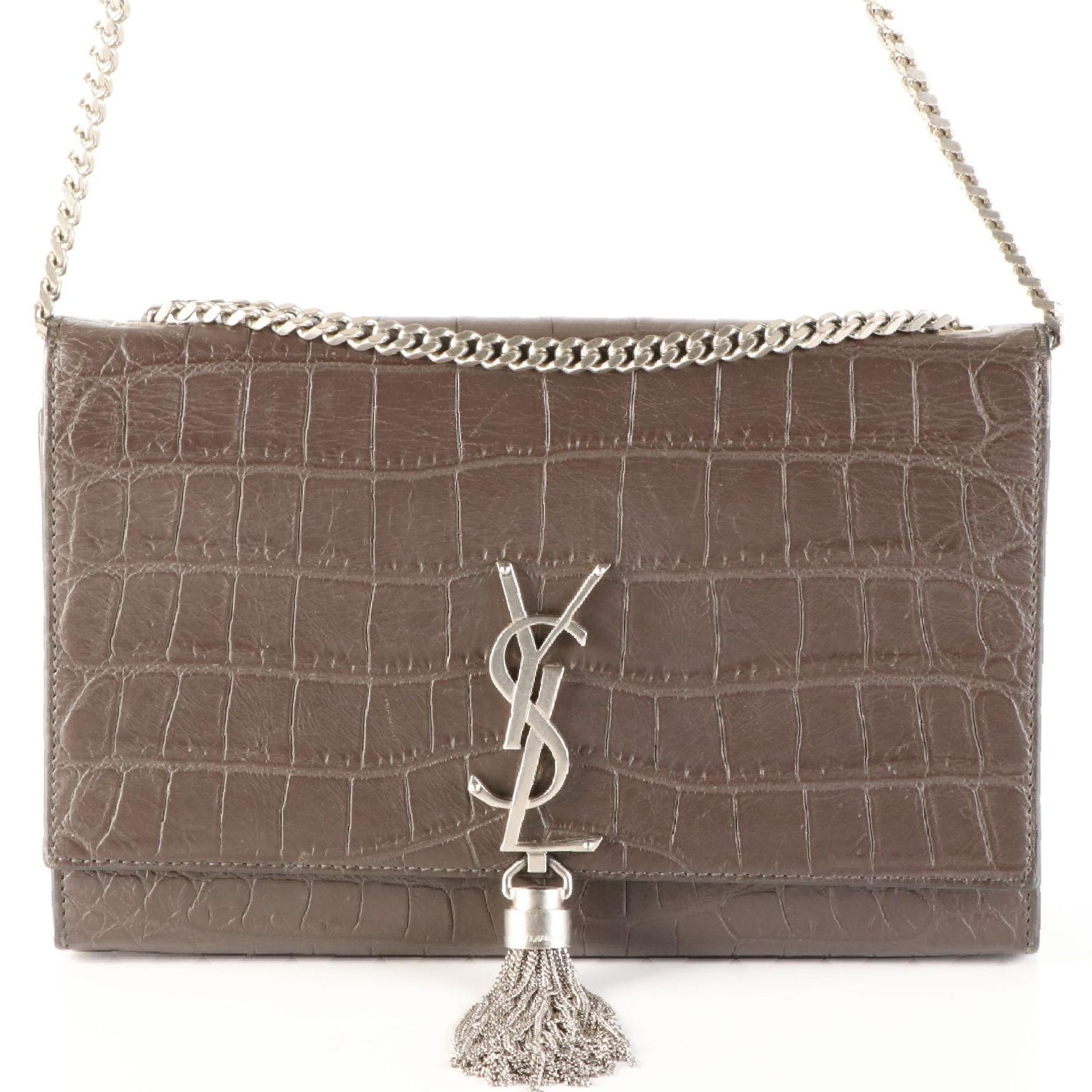 Saint Laurent Monogram and Tassel Bag in Croc-Embossed Leather