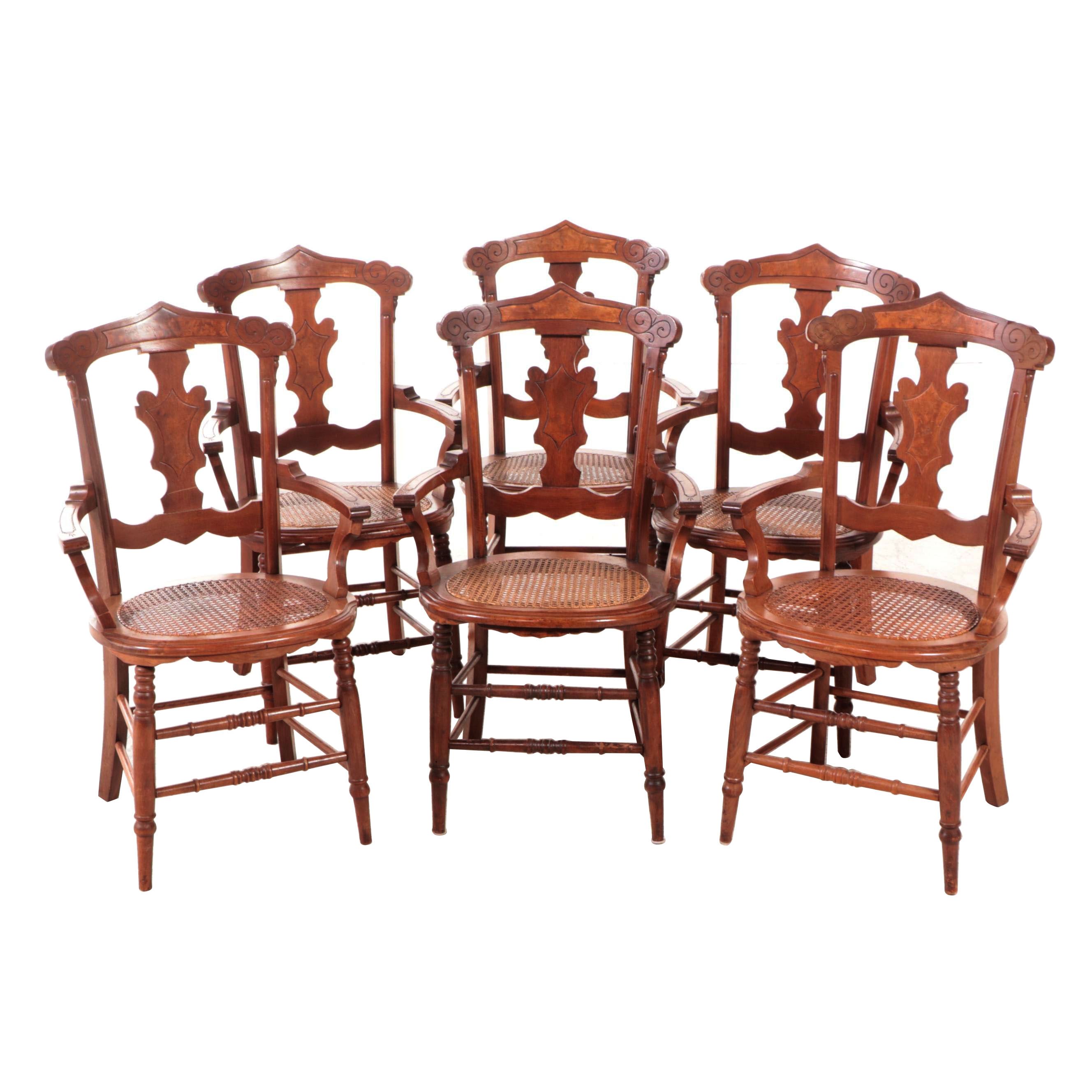 Six Victorian Walnut and Burl Walnut Armchairs, Late 19th Century