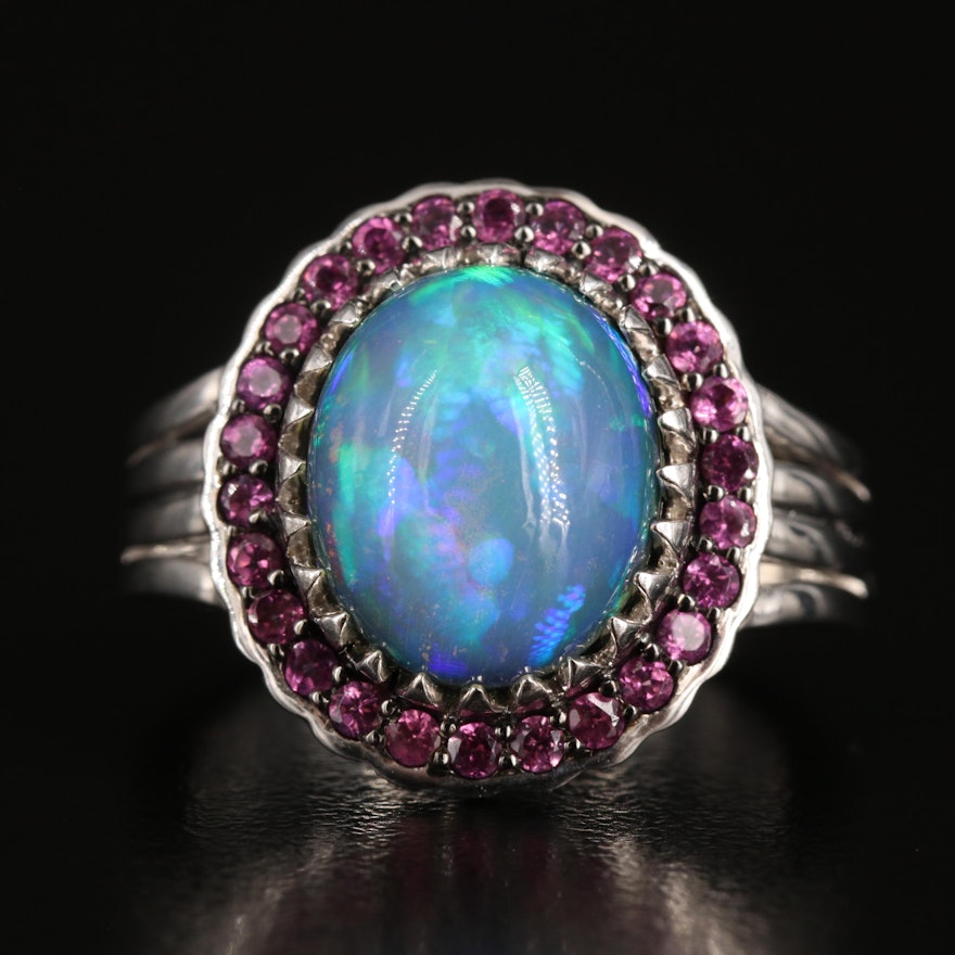 Sterling Opal Doublet and Garnet Ring