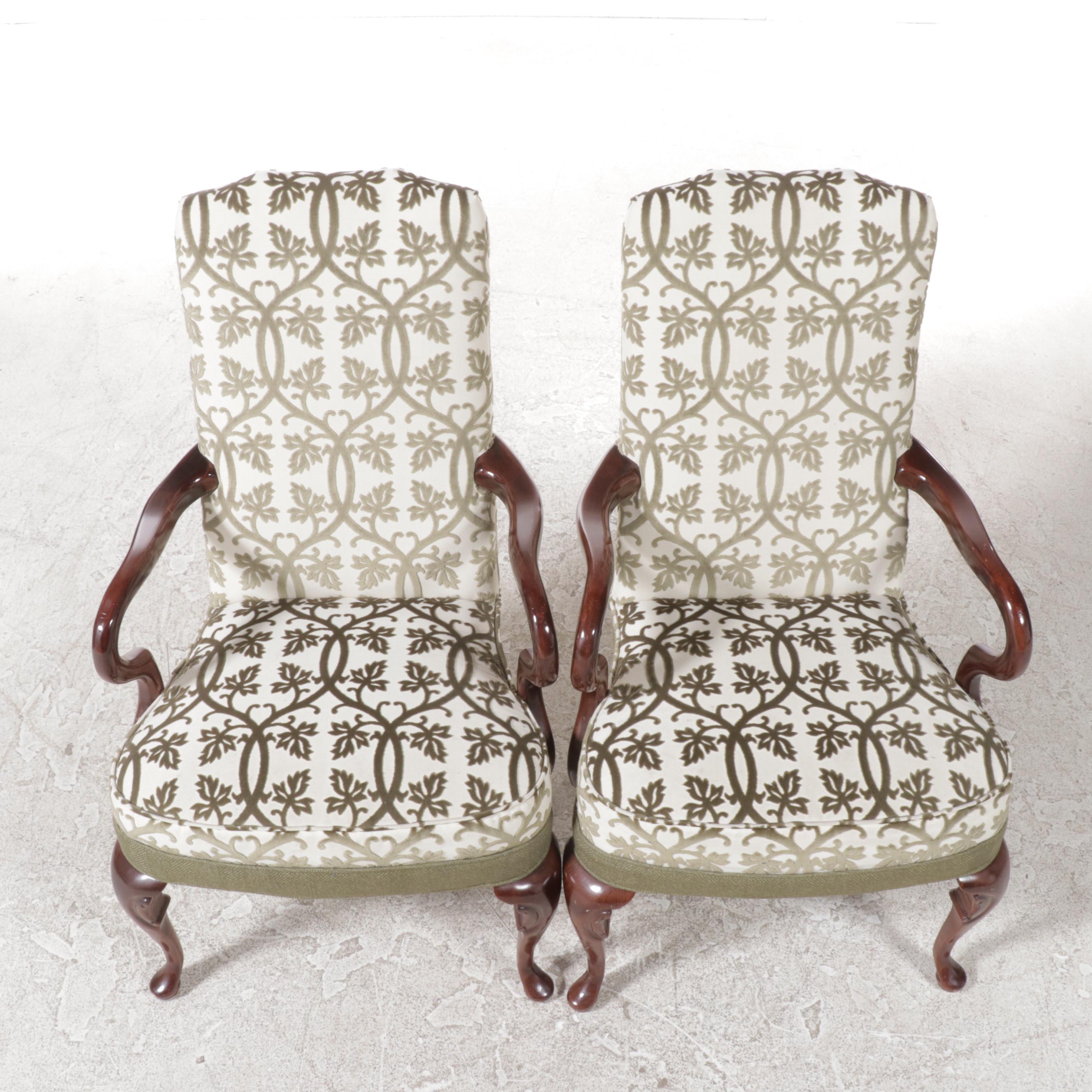 Pair of Queen Anne Style Cherrywood-Stained and Custom-Upholstered Armchairs