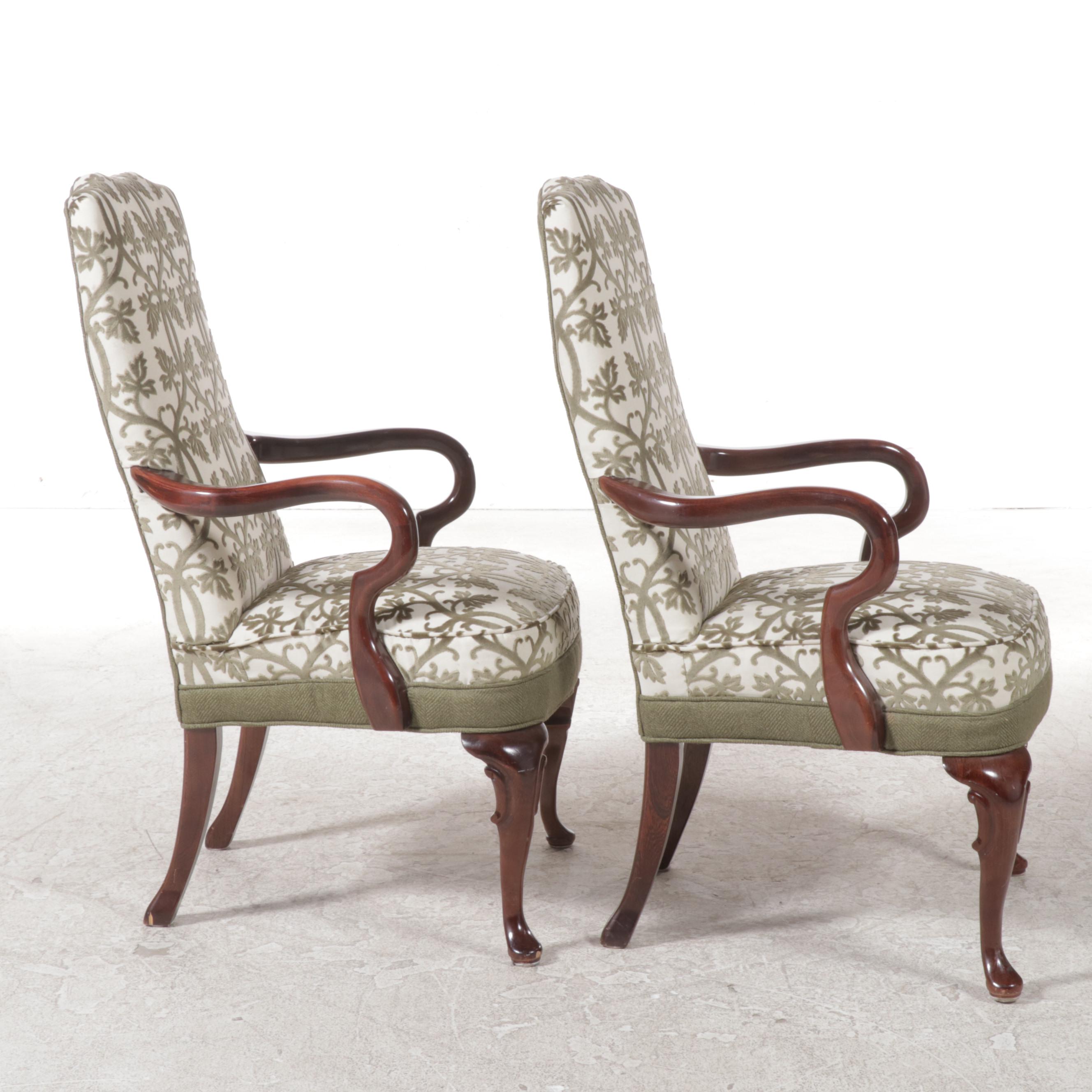 Pair of Queen Anne Style Cherrywood-Stained and Custom-Upholstered Armchairs