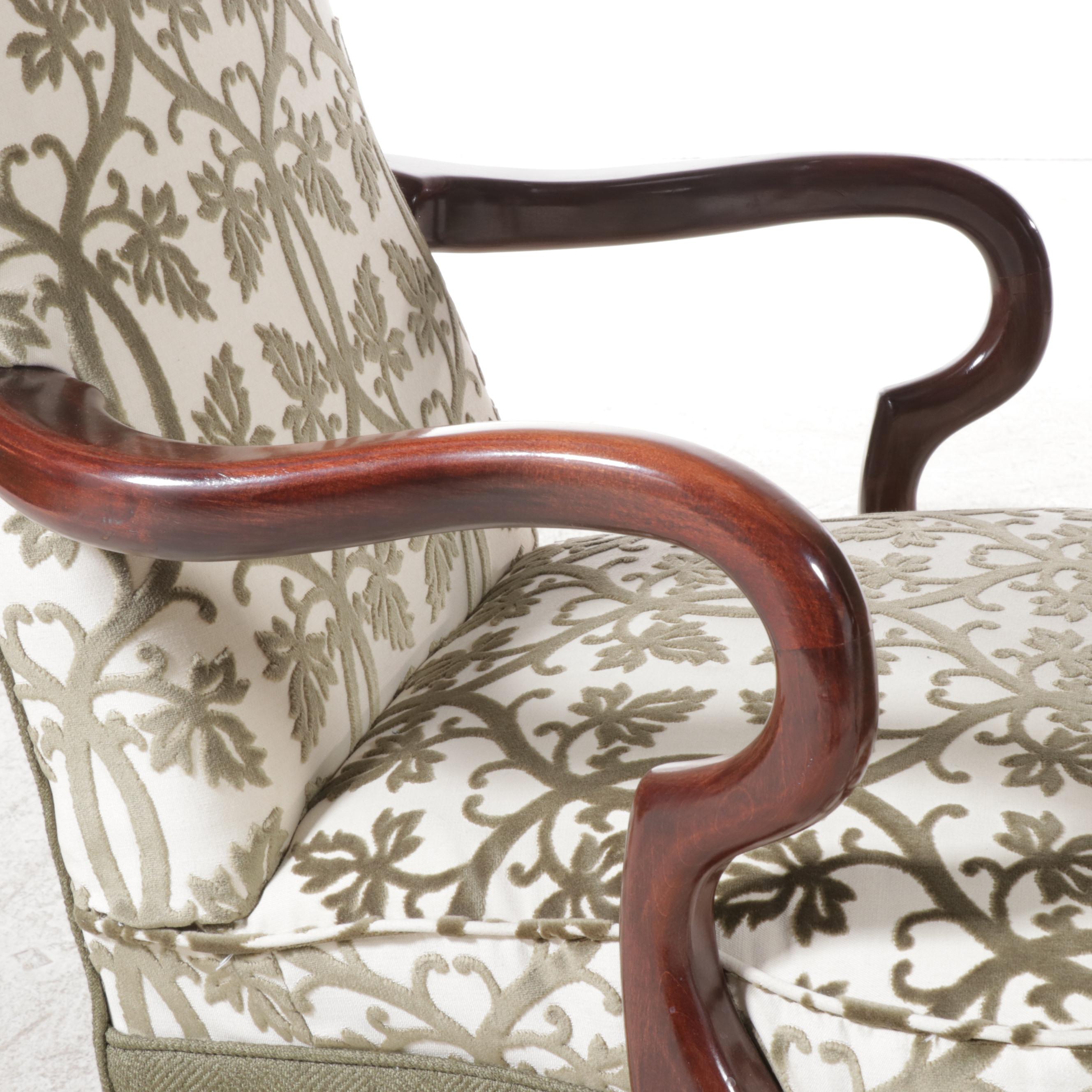 Pair of Queen Anne Style Cherrywood-Stained and Custom-Upholstered Armchairs