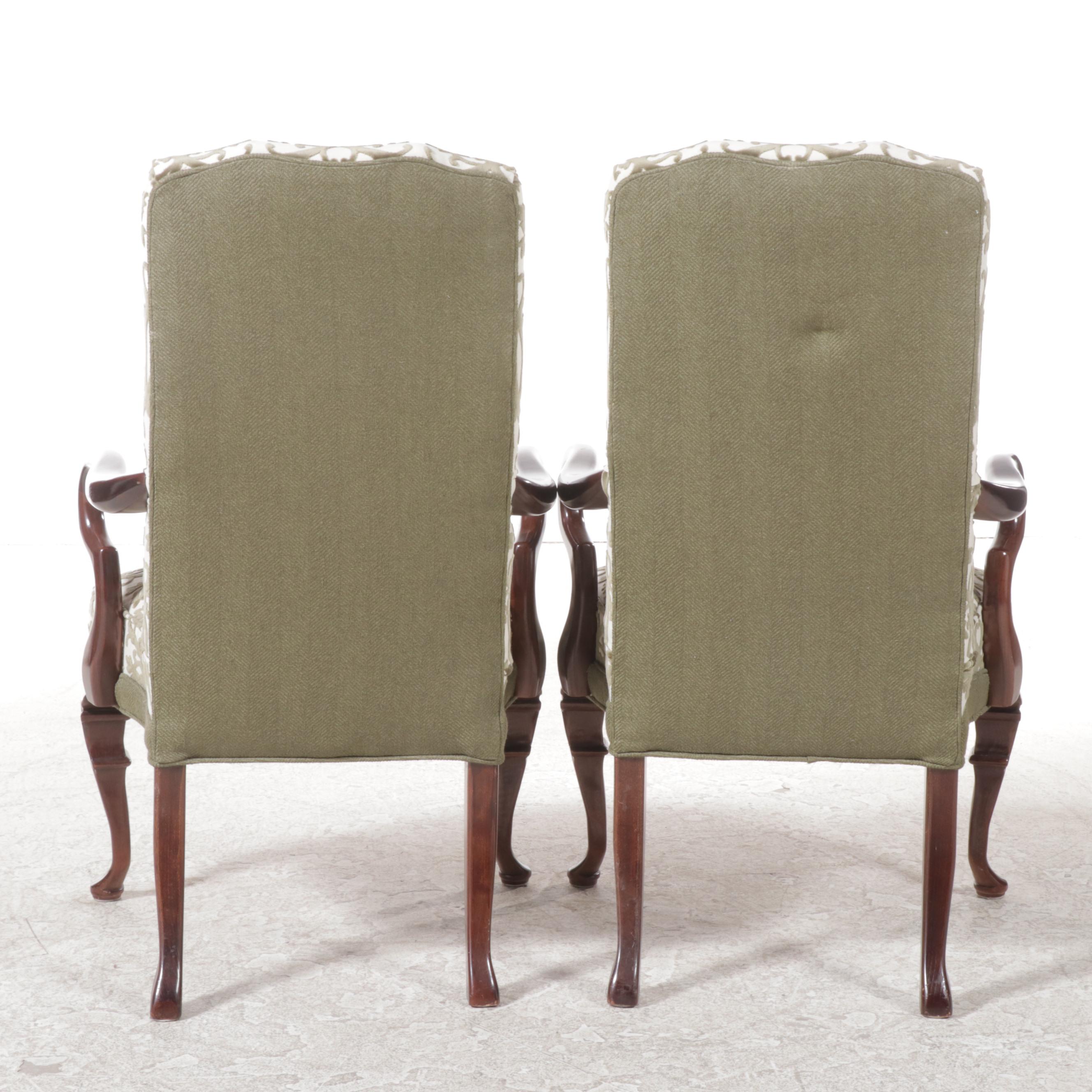 Pair of Queen Anne Style Cherrywood-Stained and Custom-Upholstered Armchairs