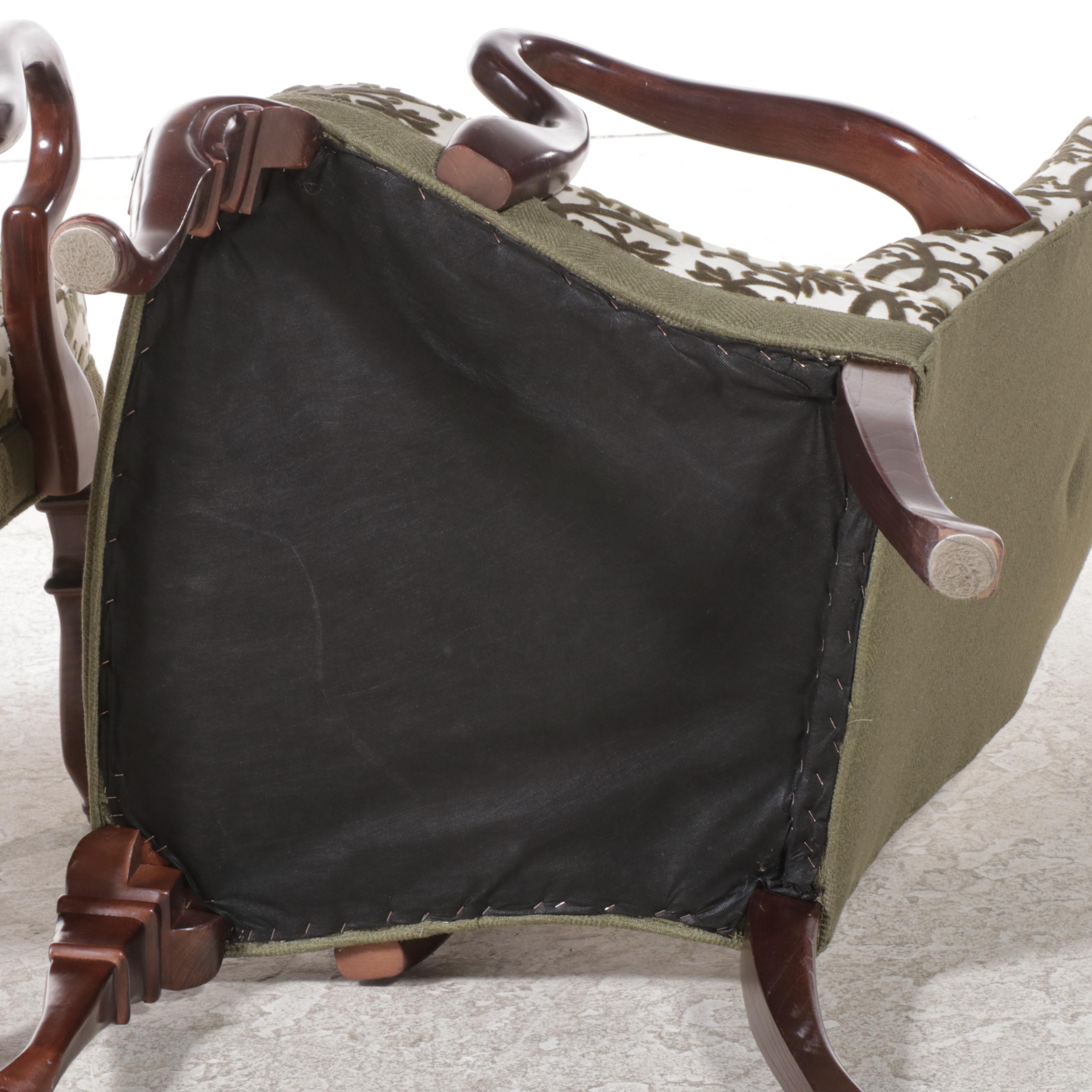 Pair of Queen Anne Style Cherrywood-Stained and Custom-Upholstered Armchairs