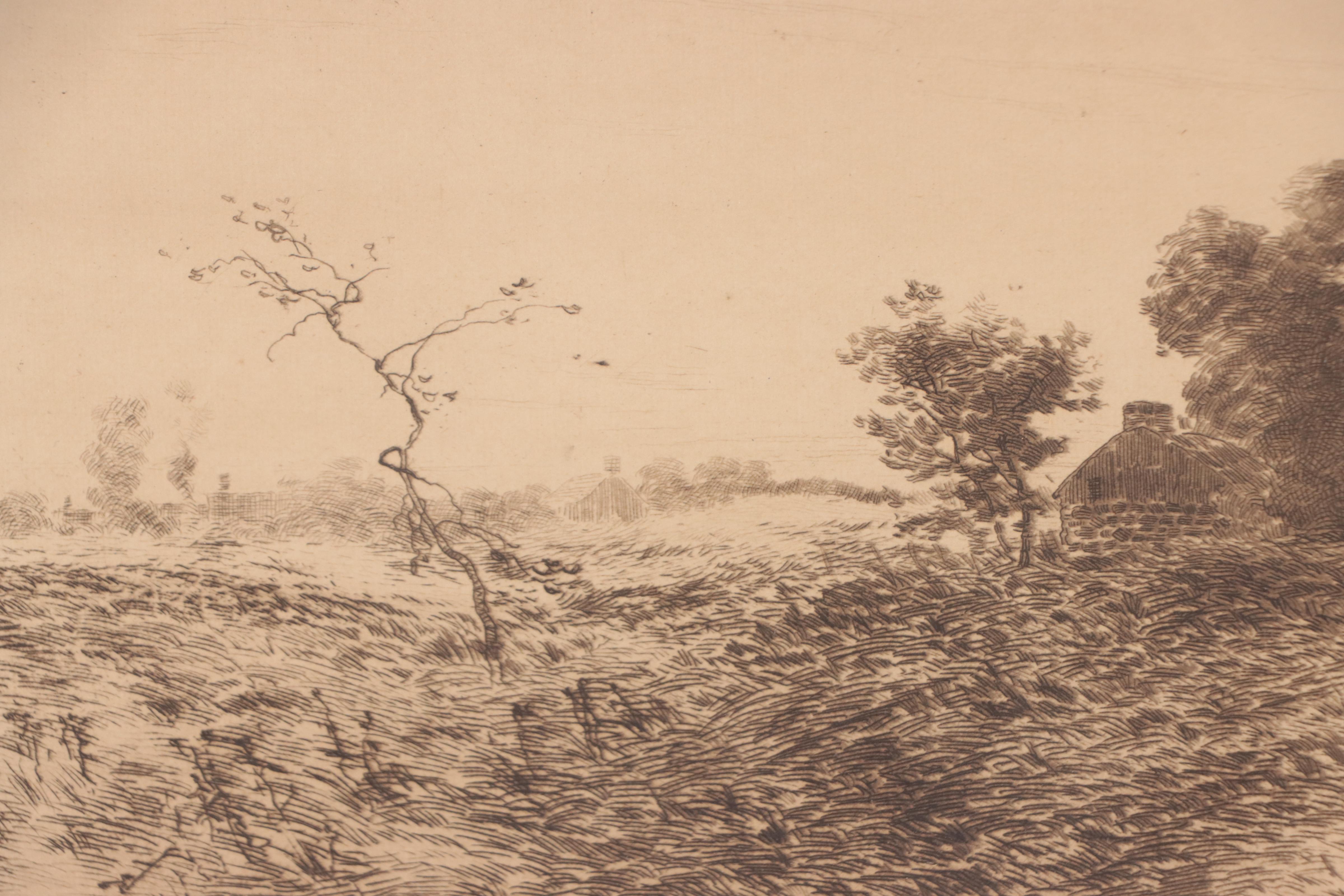 Pastoral River Landscape Etching "Rainy Day"