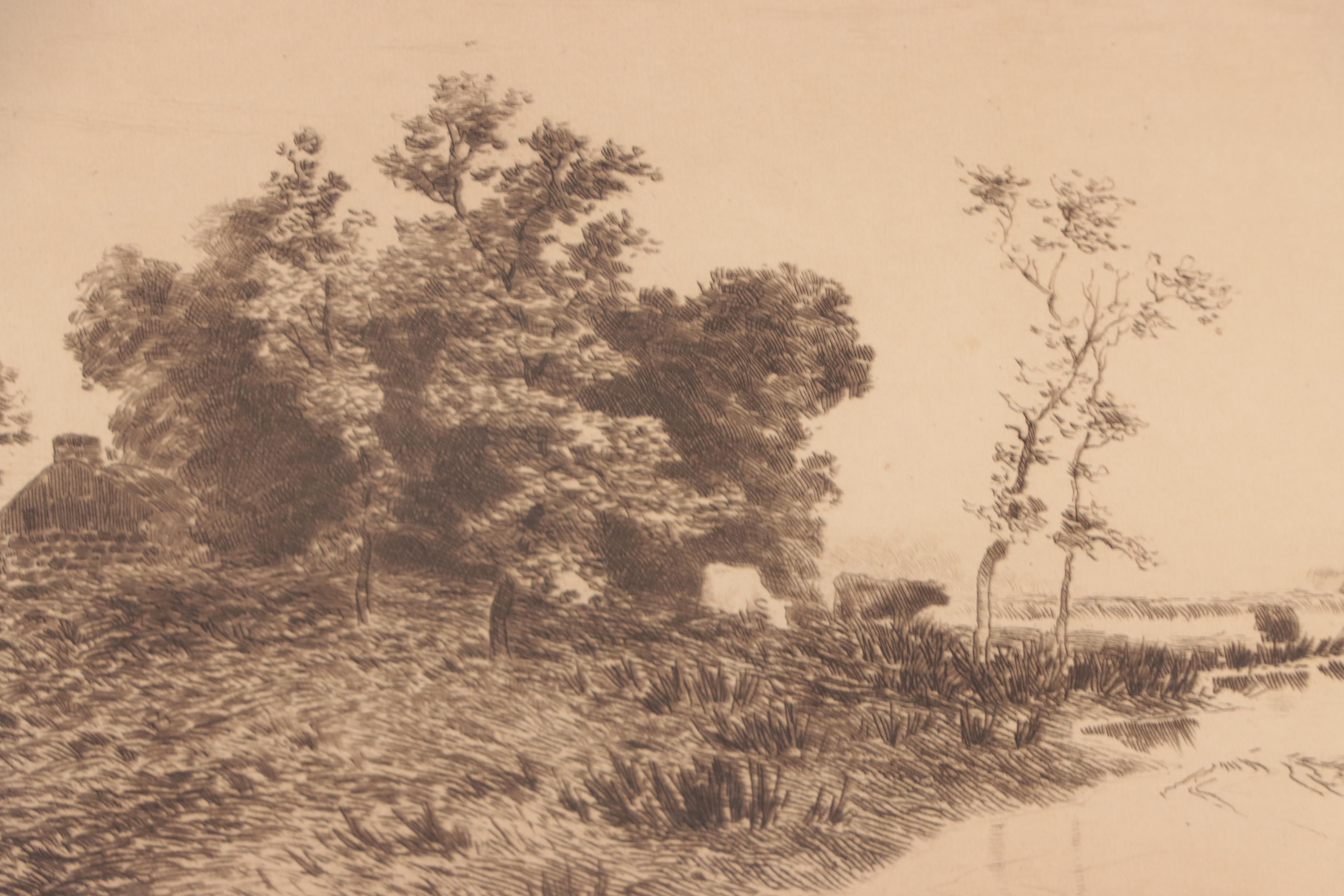 Pastoral River Landscape Etching "Rainy Day"