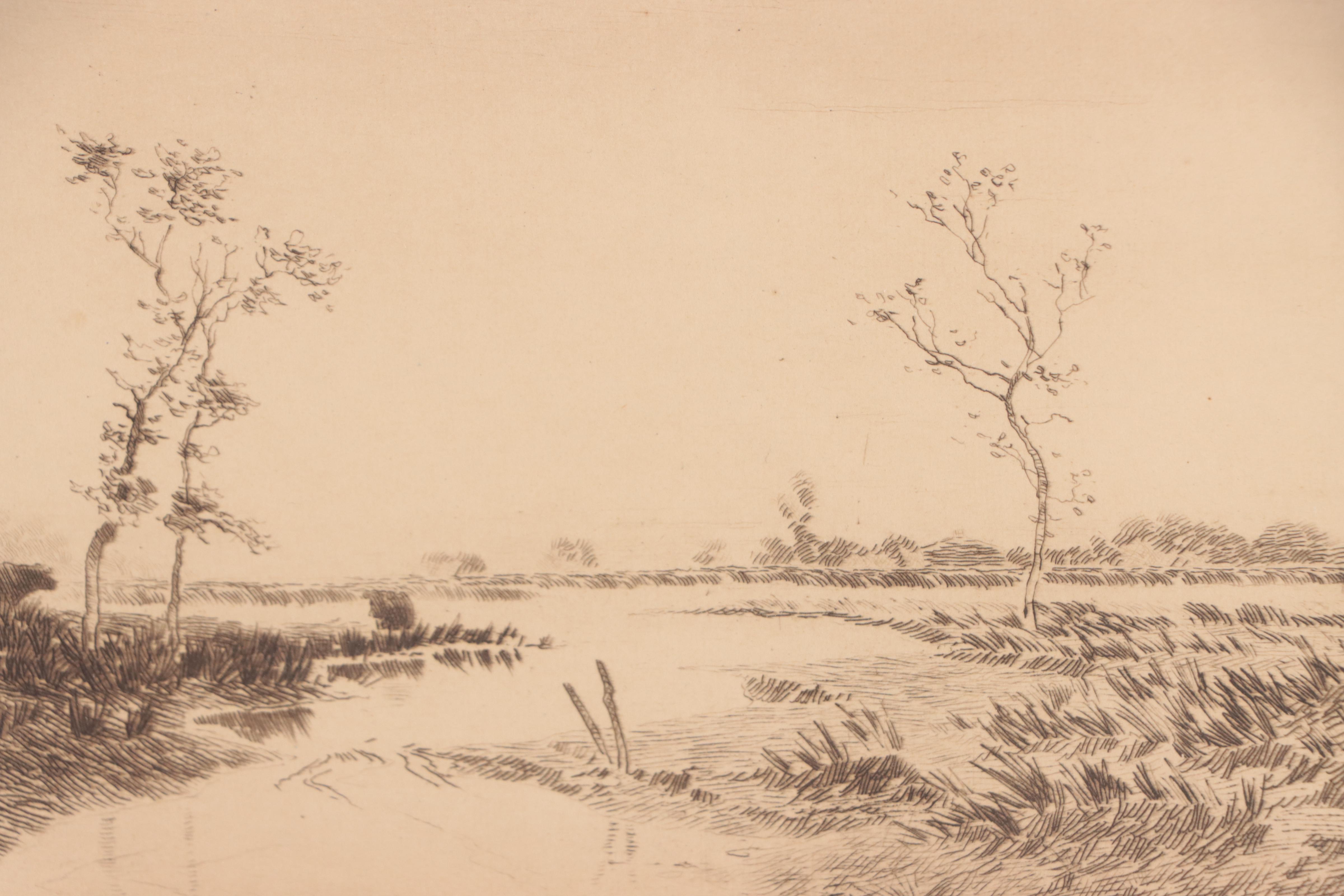 Pastoral River Landscape Etching "Rainy Day"