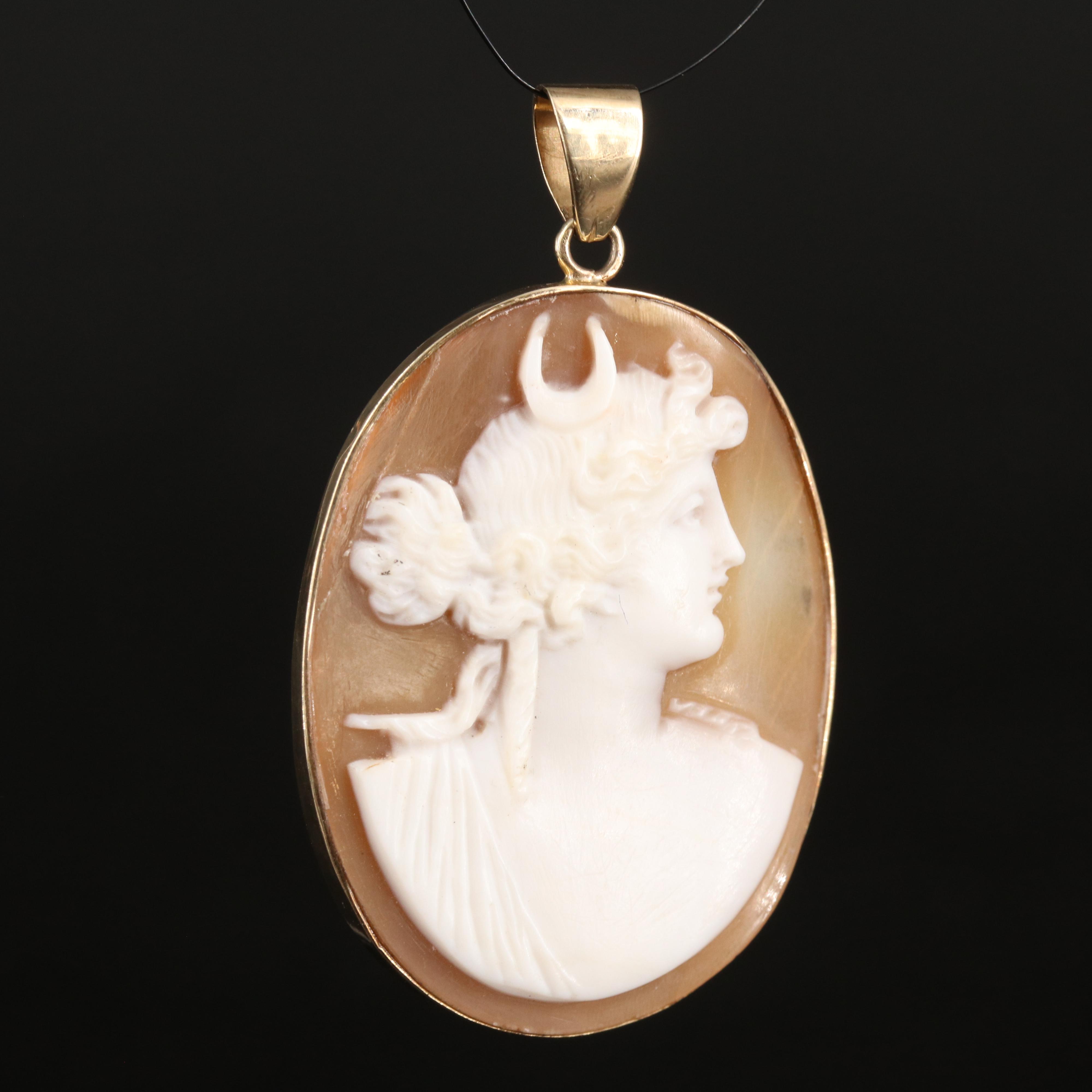 Antique 14K Shell Diana Cameo Pendant
