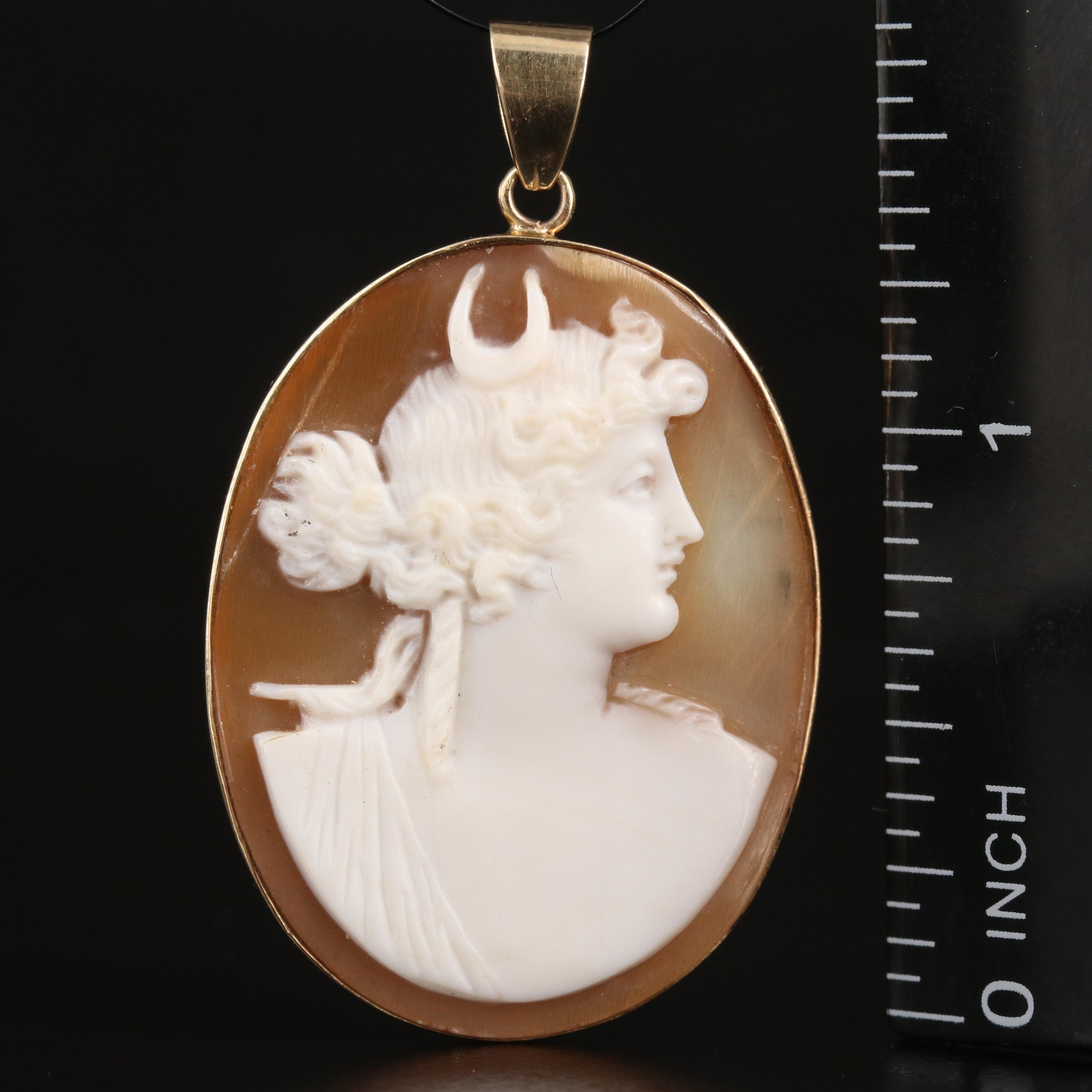 Antique 14K Shell Diana Cameo Pendant