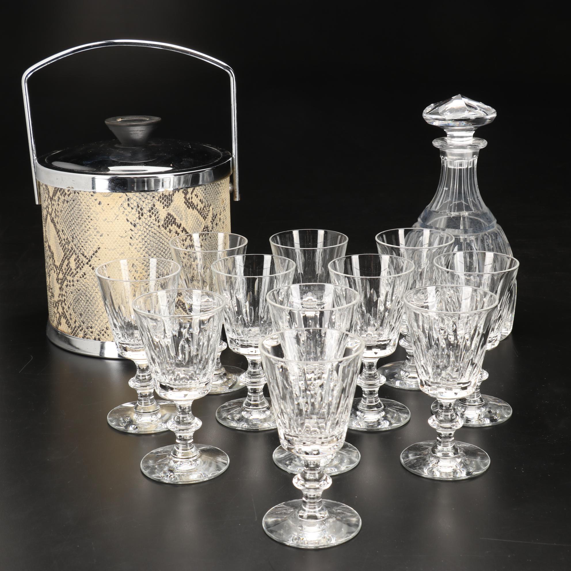 Claret Wine Glasses, Crystal Decanter, and Snakeskin Printed Ice Bucket